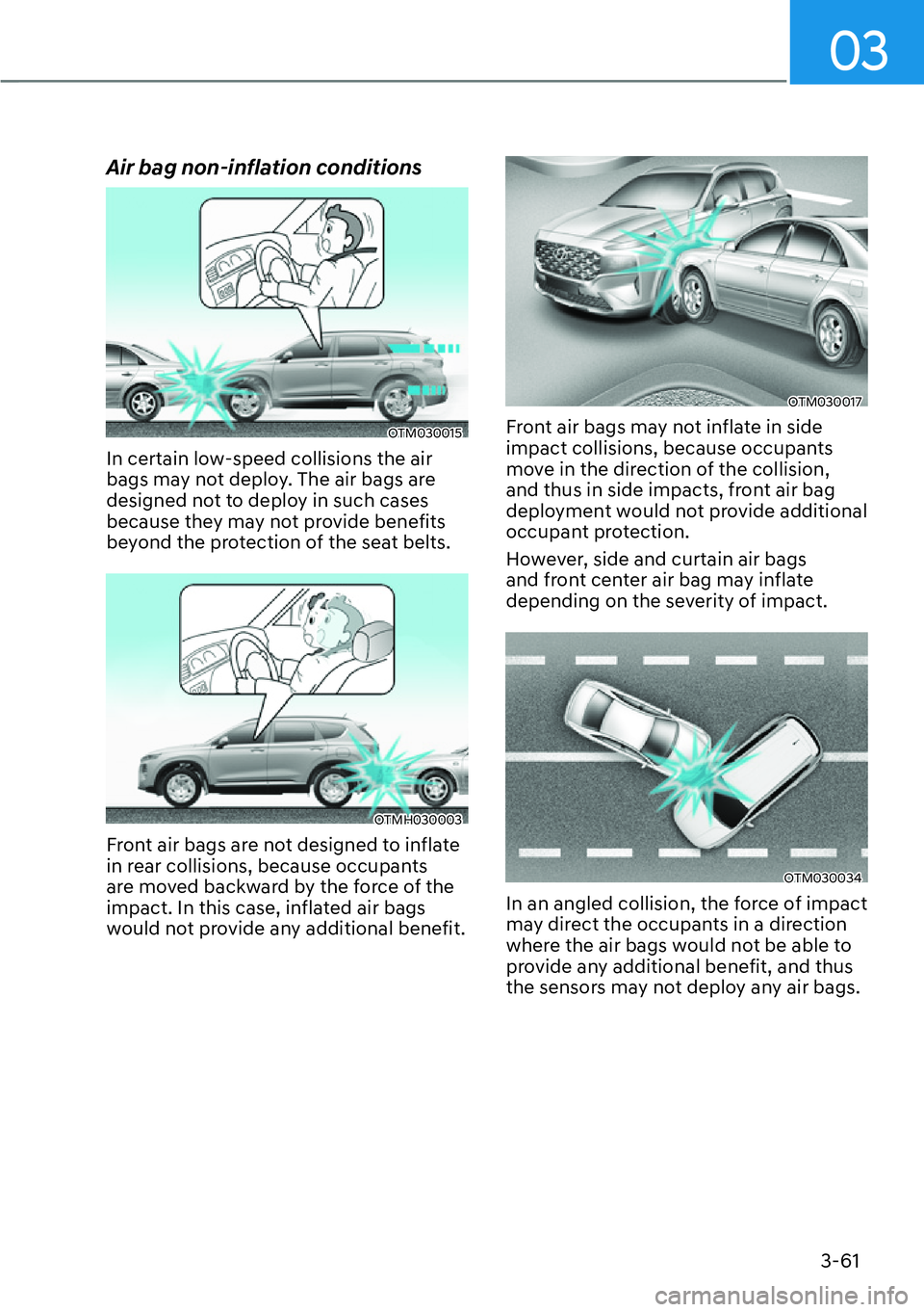 HYUNDAI SANTA FE HYBRID 2022  Owners Manual 03
3-61
Air bag non-inflation conditions
OTM030015
In certain low-speed collisions the air  
bags may not deploy. The air bags are 
designed not to deploy in such cases 
because they may not provide b