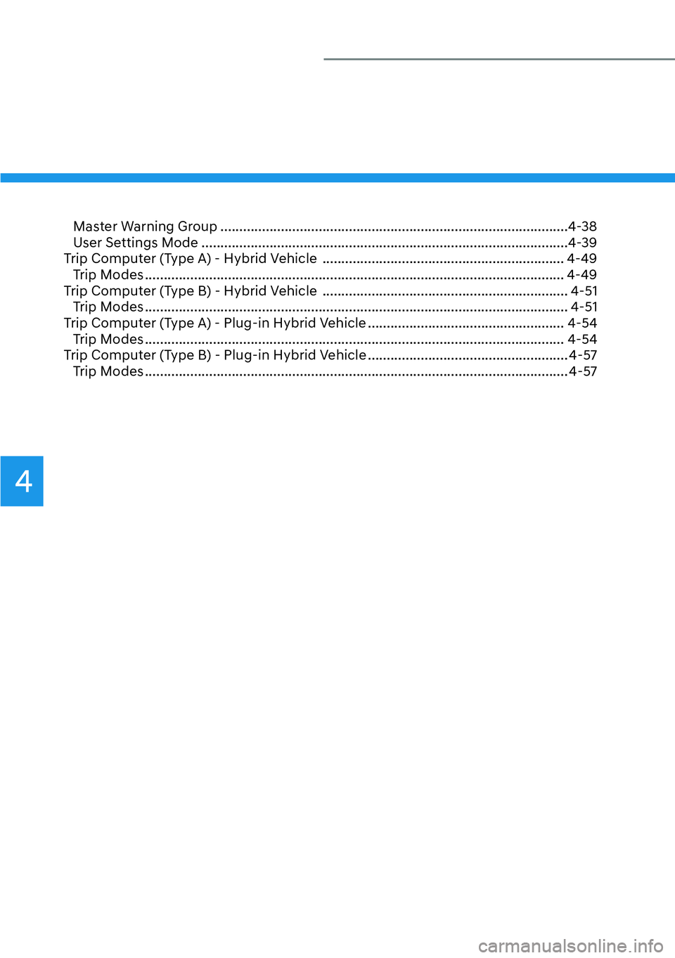 HYUNDAI SANTA FE HYBRID 2022  Owners Manual 4
Master Warning Group ............................................................................................4-38 
User Settings Mode ............................................................
