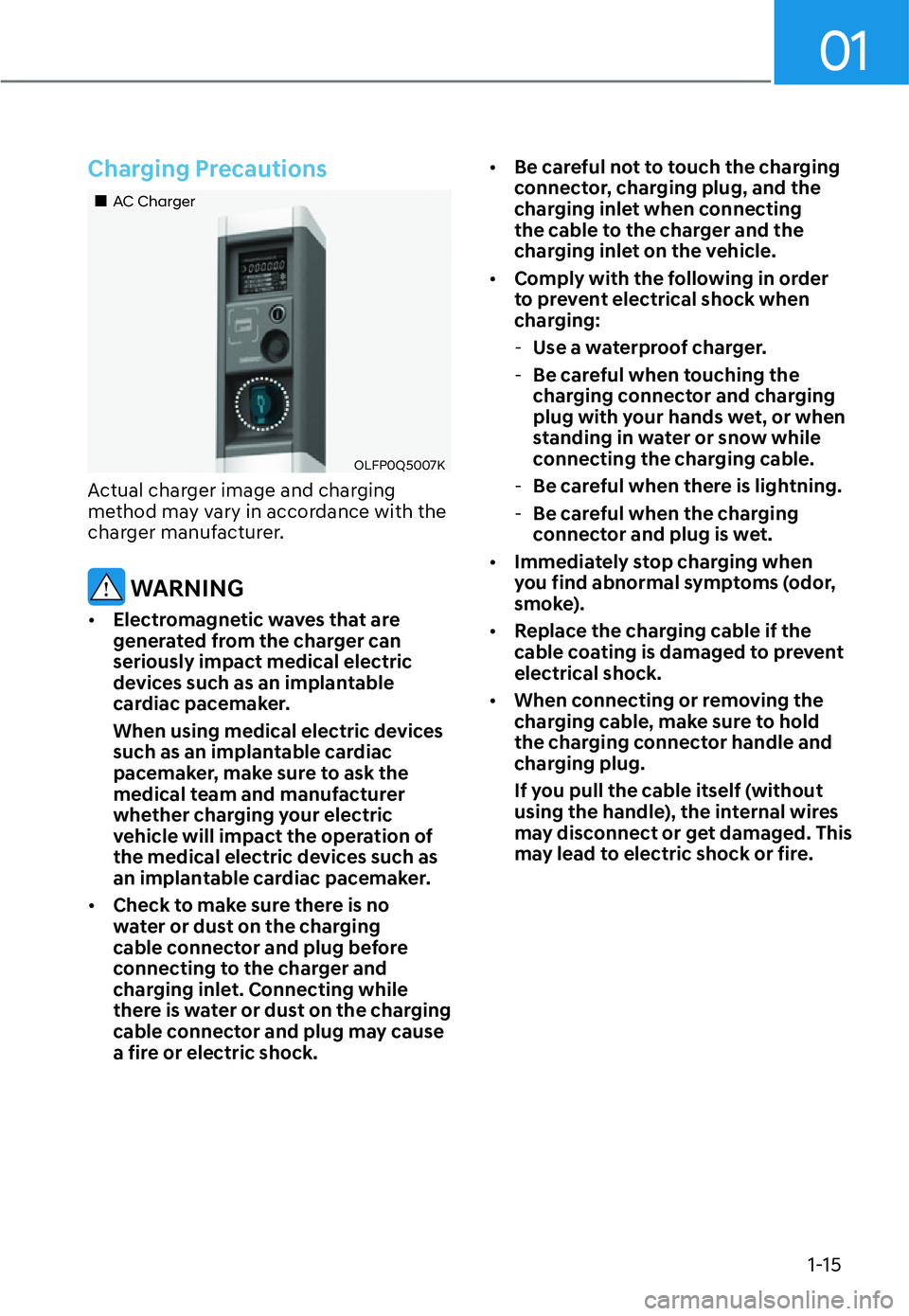 HYUNDAI SANTA FE HYBRID 2022 User Guide 01
1-15
Charging Precautions
��„AC Charger
OLFP0Q5007K
Actual charger image and charging  
method may vary in accordance with the 
charger manufacturer.
 WARNING
[� Electromagnetic waves that are