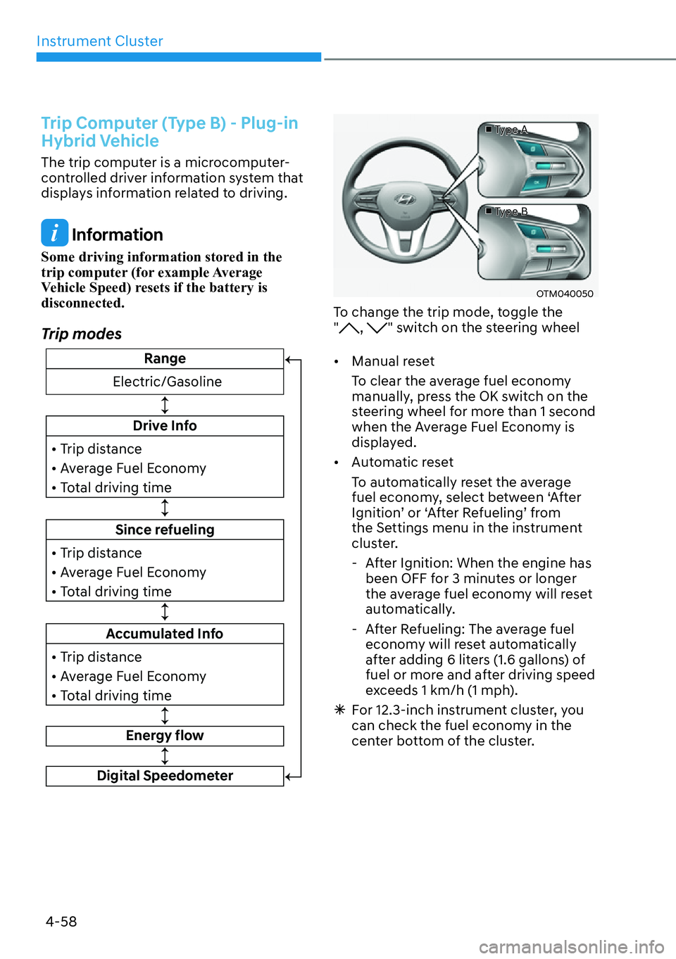 HYUNDAI SANTA FE HYBRID 2022  Owners Manual Instrument Cluster
4-58
Trip Computer (Type B) - Plug-in  
Hybrid Vehicle
The trip computer is a microcomputer- 
controlled driver information system that 
displays information related to driving.
 In