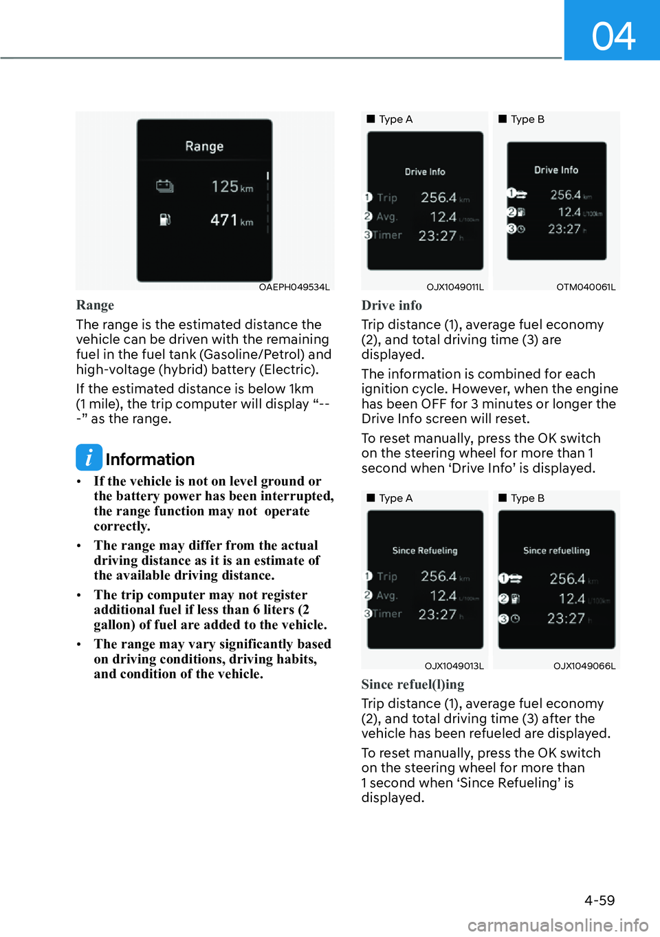 HYUNDAI SANTA FE HYBRID 2022  Owners Manual 04
4-59
OAEPH049534L
Range
The range is the estimated distance the  
vehicle can be driven with the remaining 
fuel in the fuel tank (Gasoline/Petrol) and 
high-voltage (hybrid) battery (Electric). 
I