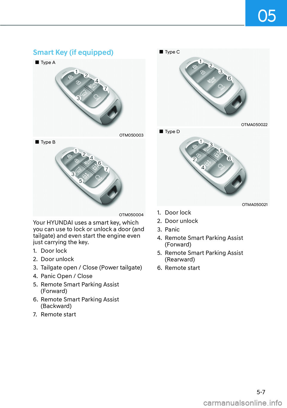 HYUNDAI SANTA FE HYBRID 2022  Owners Manual 05
5-7
Smart Key (if equipped)
��„Type A
OTM050003
��„Type B
OTM050004
Your HYUNDAI uses a smart key, which  
you can use to lock or unlock a door (and 
tailgate) and even start the engine even 