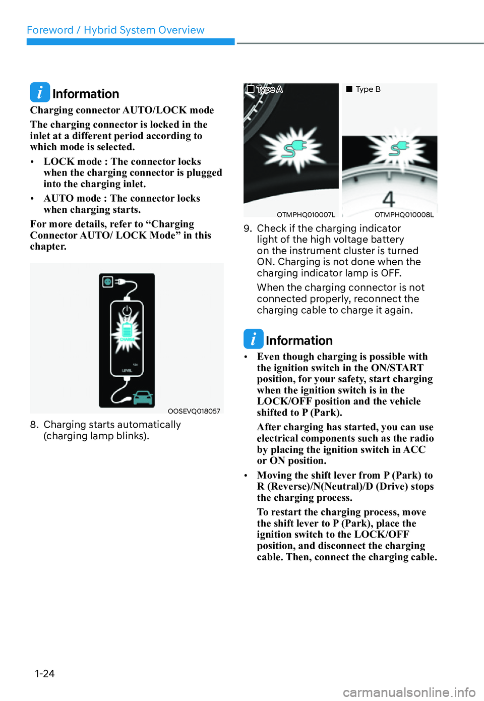 HYUNDAI SANTA FE HYBRID 2022 Owners Manual Foreword / Hybrid System Overview
1-24
 Information
Charging connector AUTO/LOCK mode 
The charging connector is locked in the  
inlet at a different period according to which mode is selected. [� L