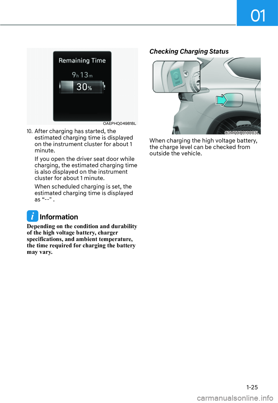 HYUNDAI SANTA FE HYBRID 2022  Owners Manual 01
1-25
OAEPHQ049818L
10. After charging has started, the  
estimated charging time is displayed 
on the instrument cluster for about 1 
minute. 
If you open the driver seat door while  
charging, the