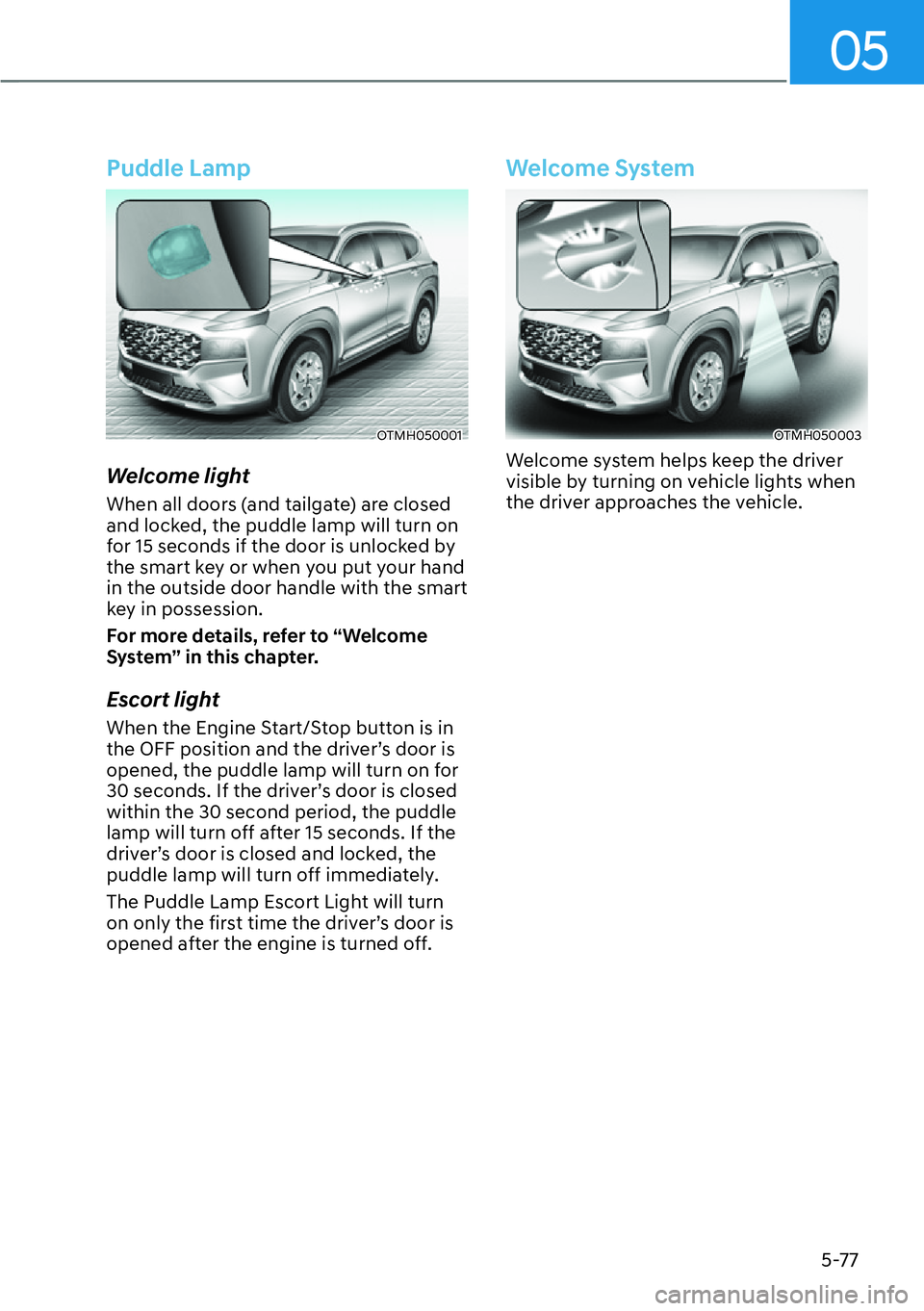 HYUNDAI SANTA FE HYBRID 2022  Owners Manual 05
5-77
Puddle Lamp
OTMH050001
Welcome light 
When all doors (and tailgate) are closed  
and locked, the puddle lamp will turn on 
for 15 seconds if the door is unlocked by 
the smart key or when you 