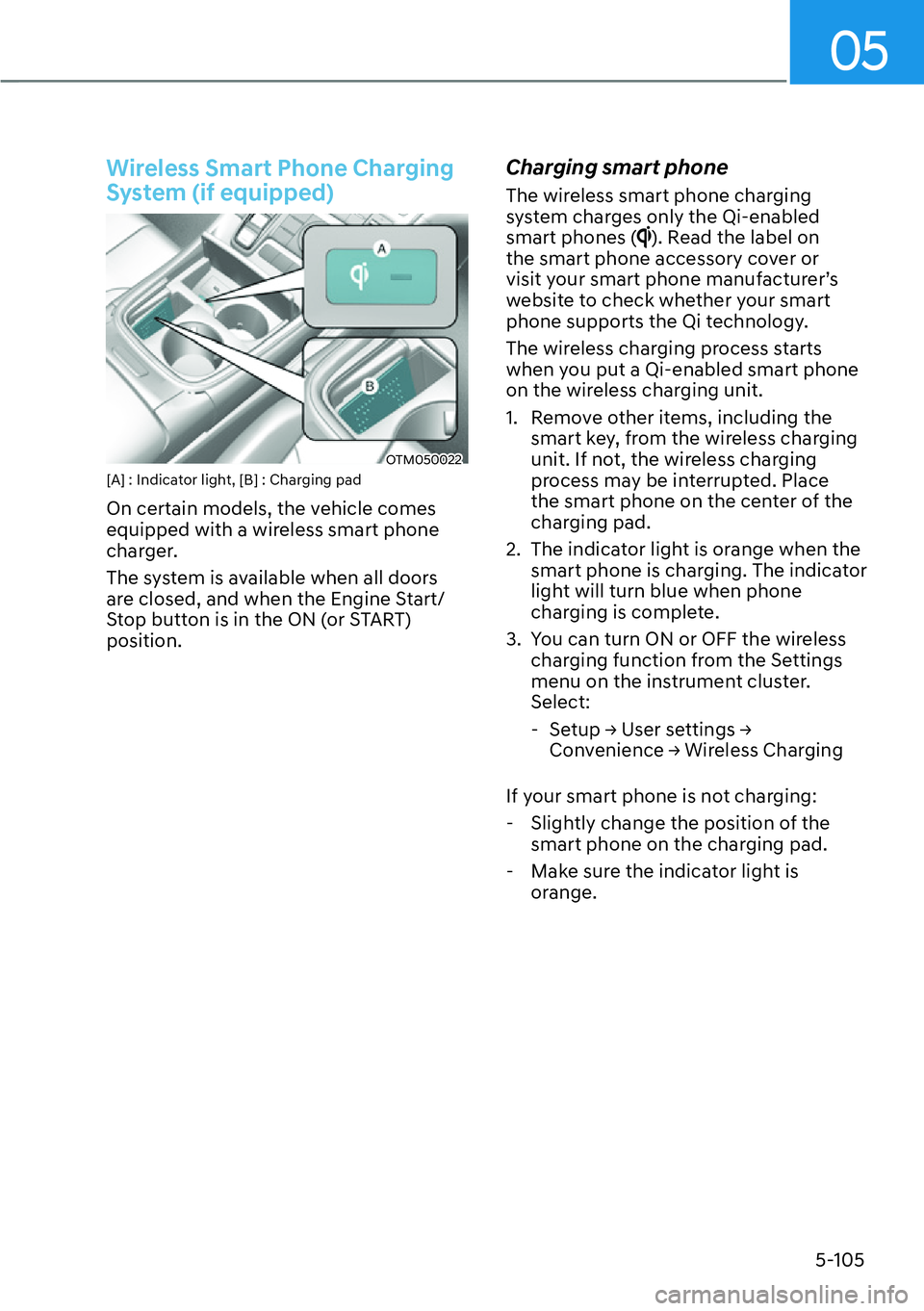 HYUNDAI SANTA FE HYBRID 2022  Owners Manual 05
5-105
Wireless Smart Phone Charging  
System (if equipped)
OTM050022
[A] : Indicator light, [B] : Charging pad 
On certain models, the vehicle comes  
equipped with a wireless smart phone 
charger.
