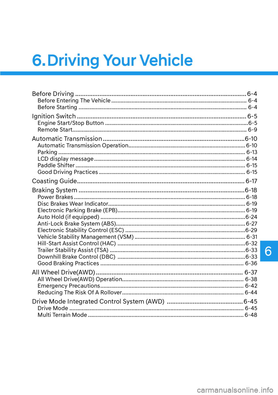 HYUNDAI SANTA FE HYBRID 2022  Owners Manual 6
6. Driving Your Vehicle
Before Driving ................................................................................................... 6-4Before Entering The Vehicle ............................