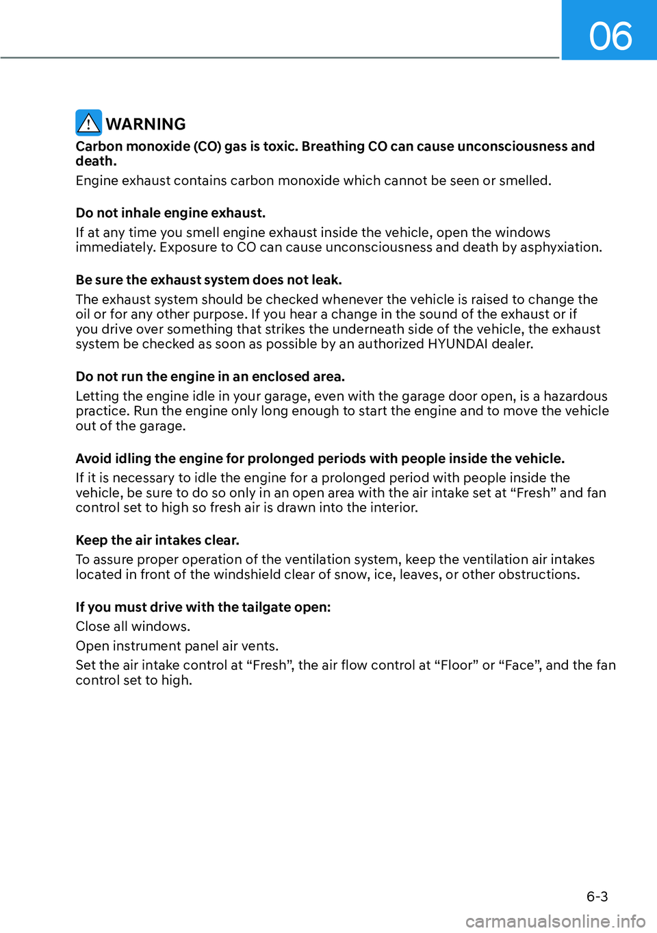 HYUNDAI SANTA FE HYBRID 2022  Owners Manual 06
6-3
 WARNING
Carbon monoxide (CO) gas is toxic. Breathing CO can cause unconsciousness and  
death. 
Engine exhaust contains carbon monoxide which cannot be seen or smelled. 
Do not inhale engine e