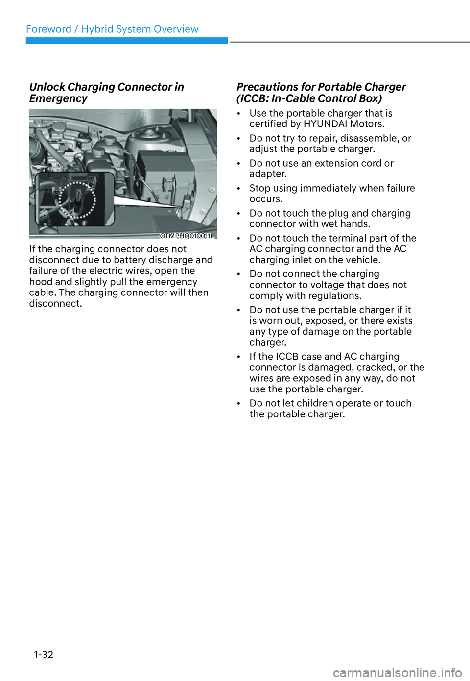 HYUNDAI SANTA FE HYBRID 2022 Owners Guide Foreword / Hybrid System Overview
1-32
Unlock Charging Connector in  
Emergency
OTMPHQ010011L
If the charging connector does not  
disconnect due to battery discharge and 
failure of the electric wire