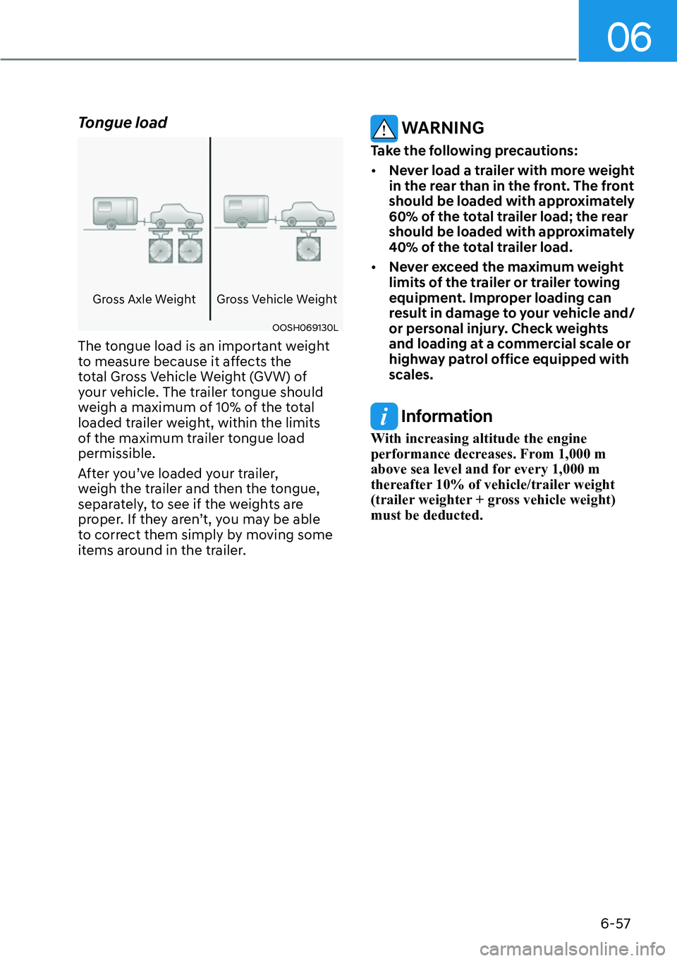 HYUNDAI SANTA FE HYBRID 2022  Owners Manual 06
6-57
Tongue load
Gross Axle Weight Gross Vehicle Weight
OOSH069130L
The tongue load is an important weight  
to measure because it affects the 
total Gross Vehicle Weight (GVW) of 
your vehicle. Th
