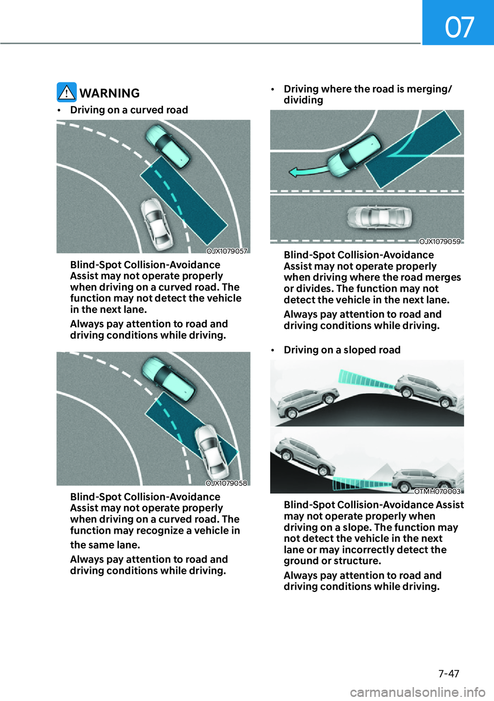 HYUNDAI SANTA FE HYBRID 2022  Owners Manual 07
7-47
 WARNING
[� Driving on a curved road
OJX1079057
Blind-Spot Collision-Avoidance  
Assist may not operate properly 
when driving on a curved road. The 
function may not detect the vehicle 
in 