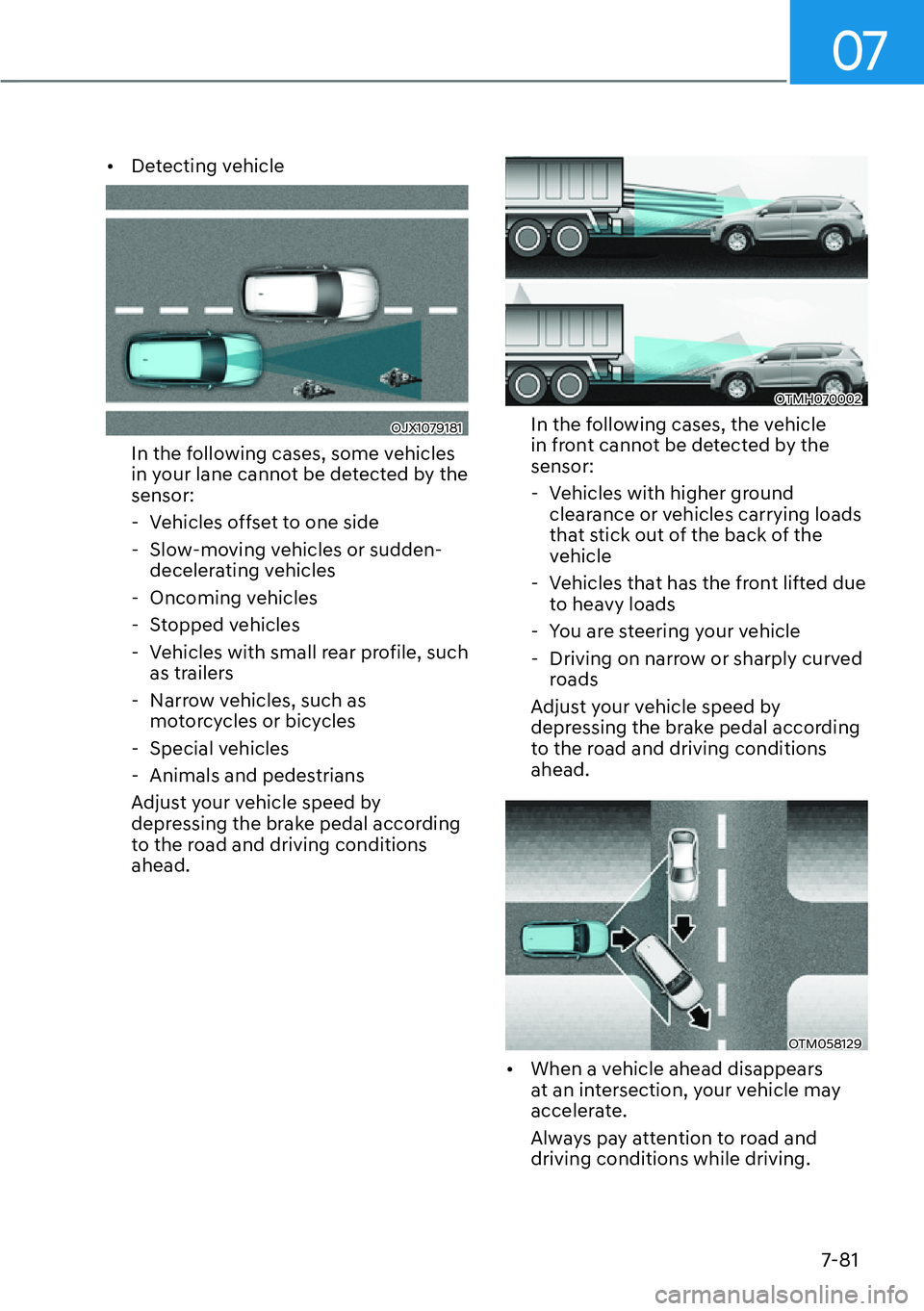 HYUNDAI SANTA FE HYBRID 2022  Owners Manual 07
7-81
[�
Detecting vehicle
OJX1079181
In the following cases, some vehicles  
in your lane cannot be detected by the sensor: 
 - Vehicles offset to one side  
 - Slow-moving vehicles or sudden- de
