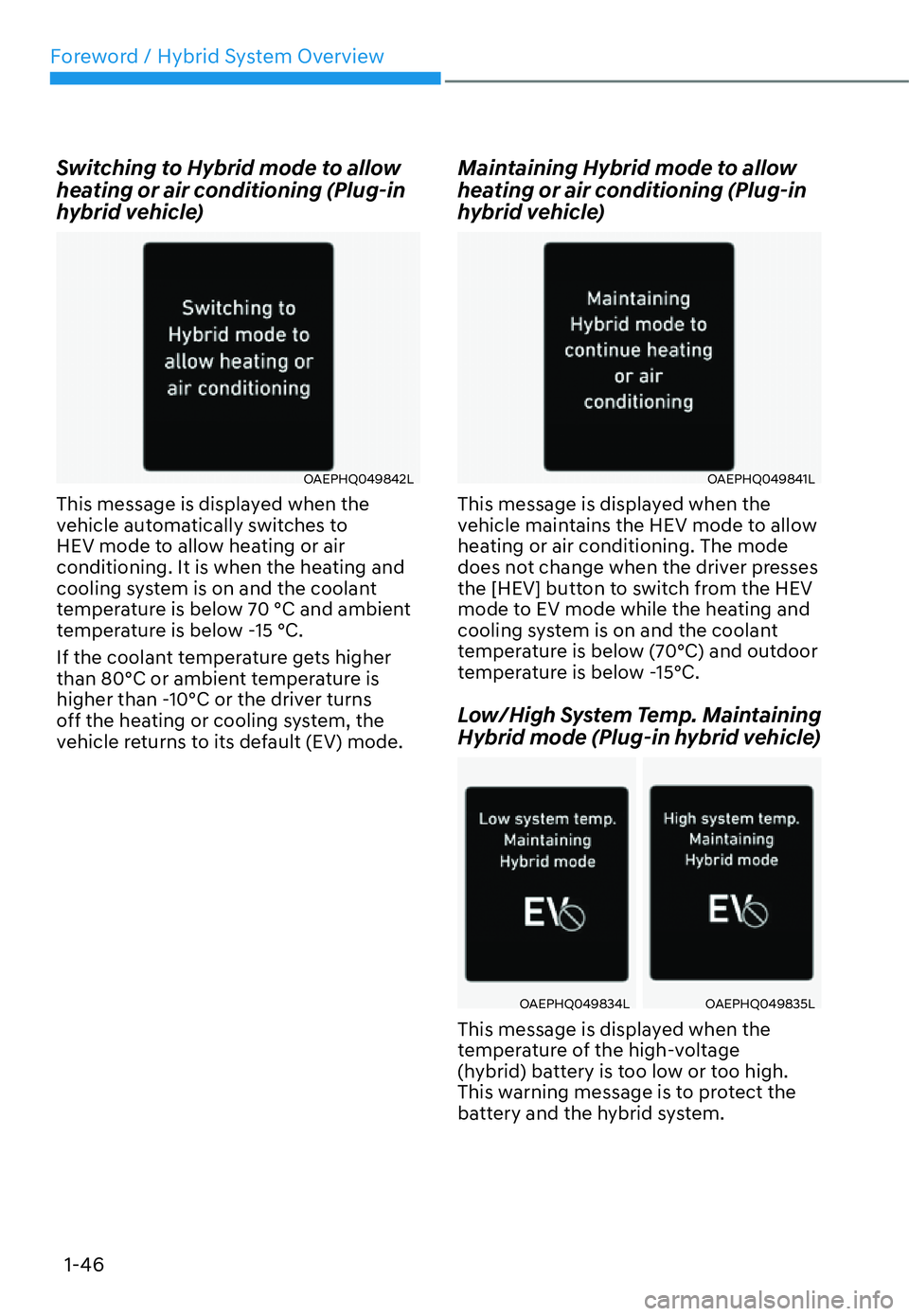 HYUNDAI SANTA FE HYBRID 2022 Service Manual Foreword / Hybrid System Overview
1-46
Switching to Hybrid mode to allow  
heating or air conditioning (Plug-in 
hybrid vehicle)
OAEPHQ049842L
This message is displayed when the  
vehicle automaticall