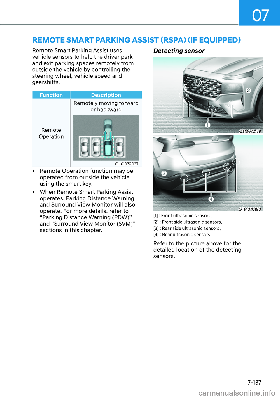 HYUNDAI SANTA FE HYBRID 2022  Owners Manual 07
7-137
Remote Smart Parking Assist uses  
vehicle sensors to help the driver park 
and exit parking spaces remotely from 
outside the vehicle by controlling the 
steering wheel, vehicle speed and 
g