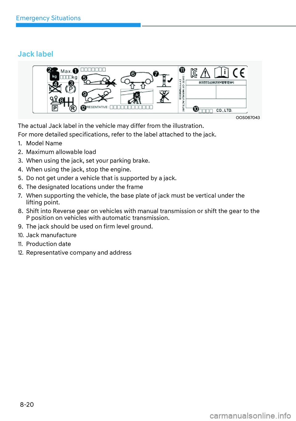 HYUNDAI SANTA FE HYBRID 2022  Owners Manual Emergency Situations
8-20
Jack label
OOS067043
The actual Jack label in the vehicle may differ from the illustration. 
For more detailed specifications, refer to the label attached to the jack.
1. Mod