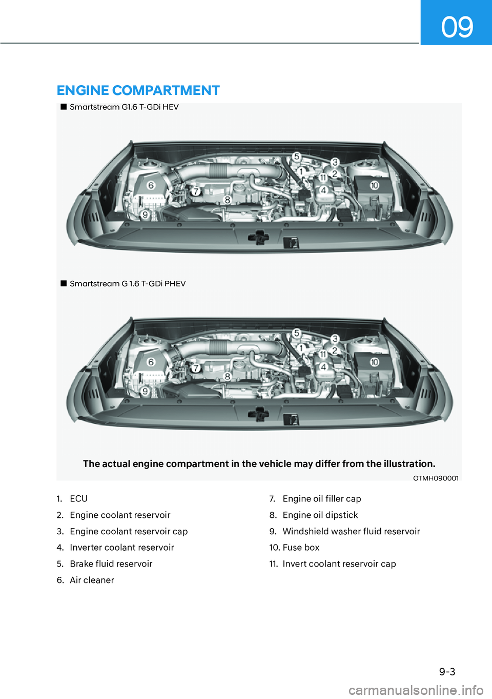 HYUNDAI SANTA FE HYBRID 2022  Owners Manual 9-3
09
��„Smartstream G1.6 T-GDi HEV
��„Smartstream G 1.6 T-GDi PHEV
The actual engine compartment in the vehicle may differ from the illustration.
OTMH090001
1. ECU 
2.  Engine coolant reservoi