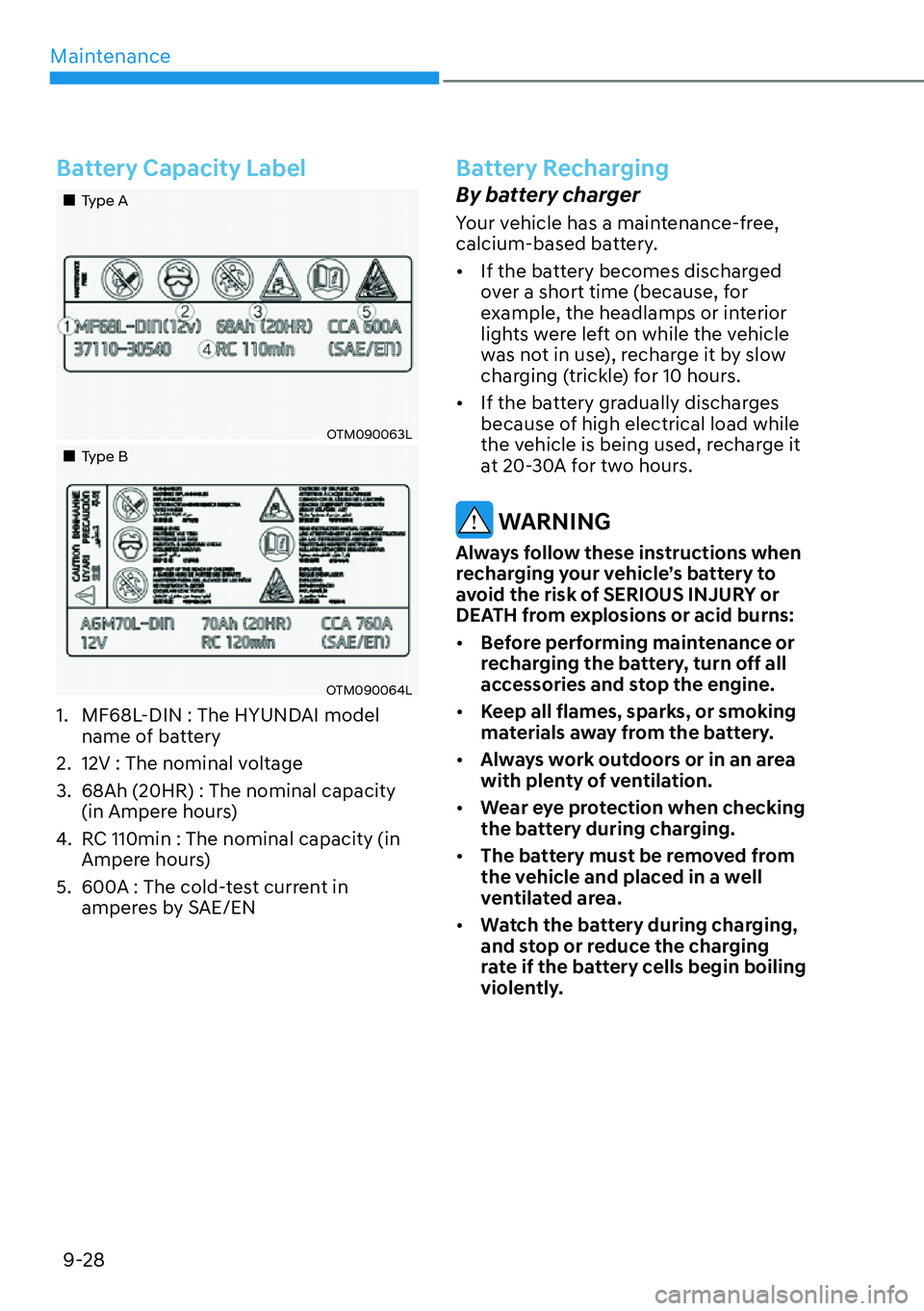 HYUNDAI SANTA FE HYBRID 2022  Owners Manual Maintenance
9-28
Battery Capacity Label
��„Type A
OTM090063L
��„Type B
OTM090064L
1.  MF68L-DIN : The HYUNDAI model  name of battery
2.  12V : The nominal voltage 
3.  68Ah (20HR) : The nominal 
