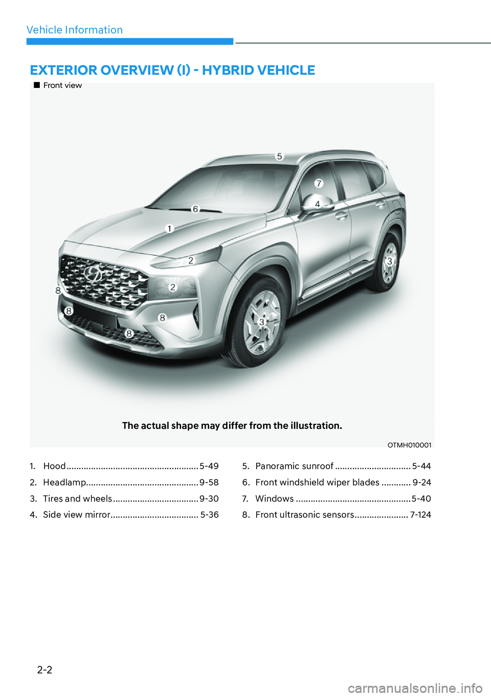 HYUNDAI SANTA FE HYBRID 2022  Owners Manual 2-2
Vehicle Information�(�;�7�(�5�,�2�5��2�9�(�5�9�,�(�:�ã�,ä�Ø��+�<�%�5�,���9�(�+�,�&�/�(�
��„Front view
The actual shape may differ from the illustration.
OTMH010001
1. Hood ........