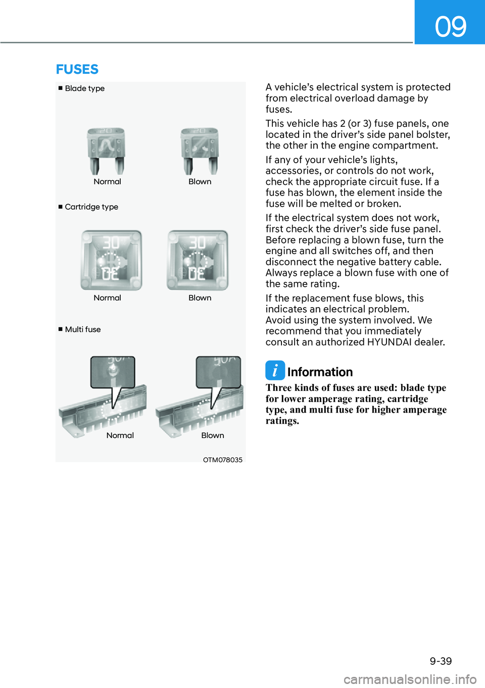 HYUNDAI SANTA FE HYBRID 2022  Owners Manual 09
9-39
v Cartridge type
v
 Blade type
v  Multi fuse Normal Blown 
Normal Blown
Normal Blown
OTM078035 A vehicle’s electrical system is protected  
from electrical overload damage by fuses. 
This
