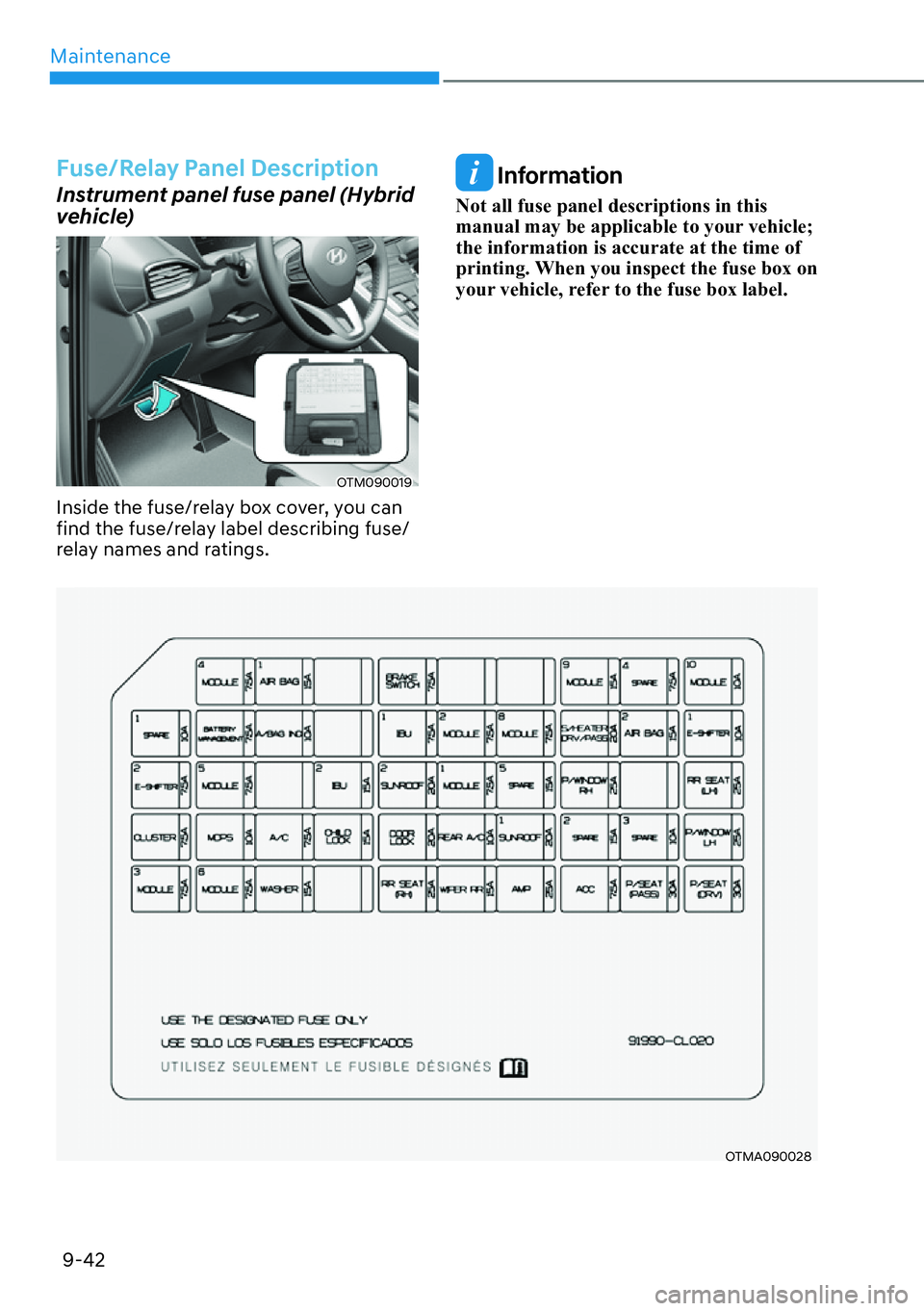 HYUNDAI SANTA FE HYBRID 2022  Owners Manual Maintenance
9-42
Fuse/Relay Panel Description
Instrument panel fuse panel (Hybrid  
vehicle)
OTM090019
Inside the fuse/relay box cover, you can  
find the fuse/relay label describing fuse/
relay names