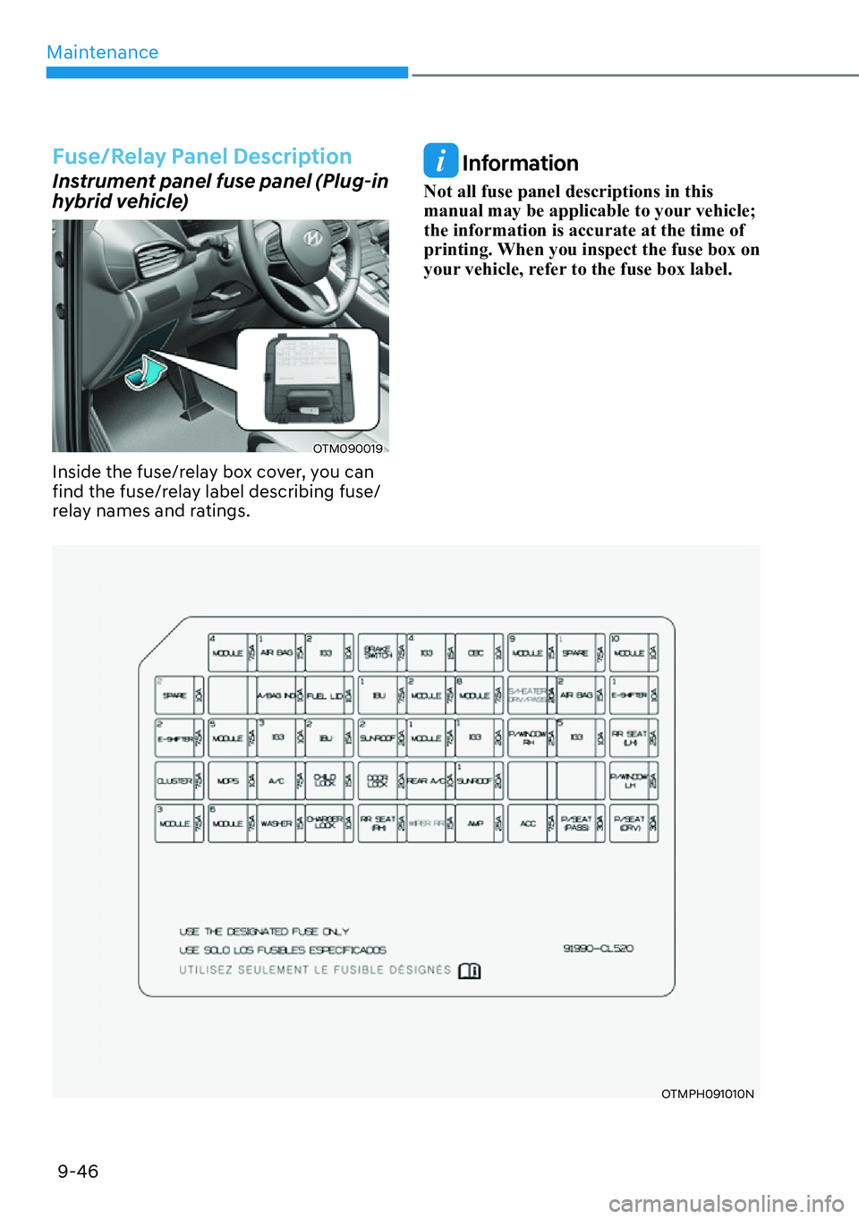 HYUNDAI SANTA FE HYBRID 2022  Owners Manual Maintenance
9-46
Fuse/Relay Panel Description
Instrument panel fuse panel (Plug-in  
hybrid vehicle)
OTM090019
Inside the fuse/relay box cover, you can  
find the fuse/relay label describing fuse/
rel