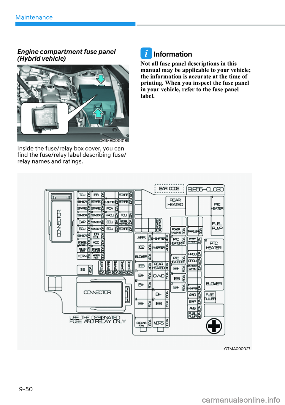 HYUNDAI SANTA FE HYBRID 2022  Owners Manual Maintenance
9-50
Engine compartment fuse panel  
(Hybrid vehicle)
OTMH090018
Inside the fuse/relay box cover, you can  
find the fuse/relay label describing fuse/
relay names and ratings.
 Information