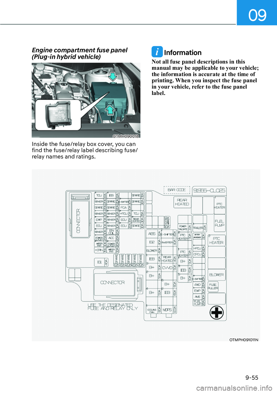 HYUNDAI SANTA FE HYBRID 2022  Owners Manual 09
9-55
Engine compartment fuse panel  
(Plug-in hybrid vehicle)
OTMH090018
Inside the fuse/relay box cover, you can  
find the fuse/relay label describing fuse/
relay names and ratings.
 Information
