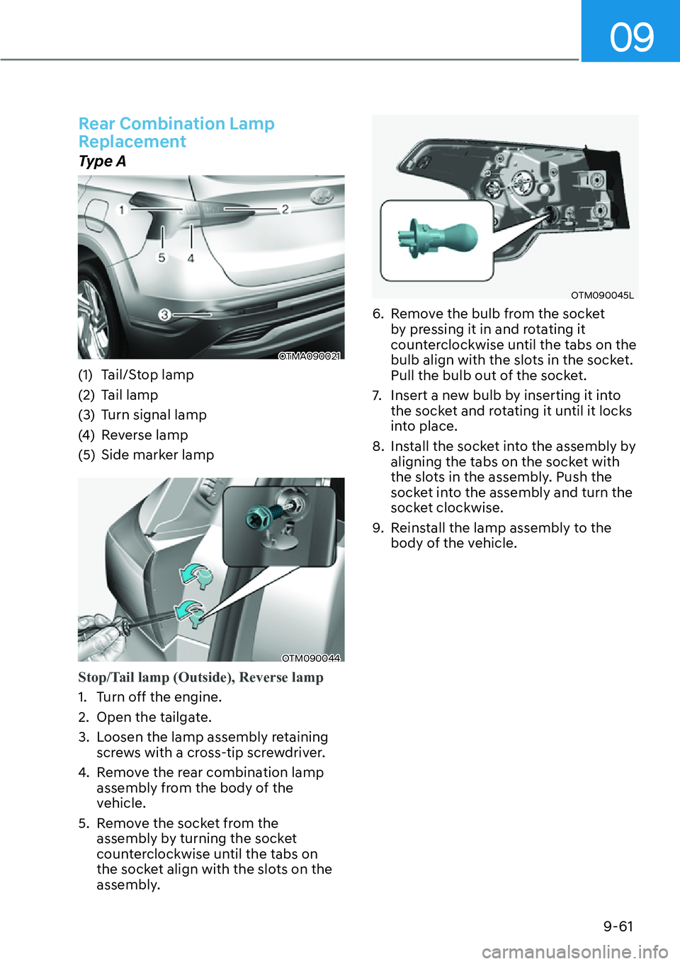HYUNDAI SANTA FE HYBRID 2022  Owners Manual 09
9-61
Rear Combination Lamp  
Replacement
Type A
OTMA090021
(1) Tail/Stop lamp 
(2) Tail lamp
(3)  Turn signal lamp
(4) Reverse lamp
(5)  Side marker lamp
OTM090044
Stop/Tail lamp (Outside), Reverse
