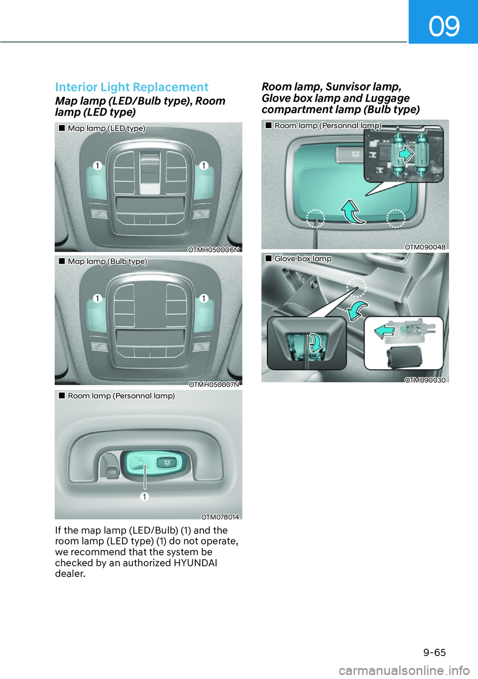 HYUNDAI SANTA FE HYBRID 2022  Owners Manual 09
9-65
Interior Light Replacement
Map lamp (LED/Bulb type), Room  
lamp (LED type)
��„Map lamp (LED type)
OTMH050006N
��„Map lamp (Bulb type)
OTMH050007N
��„Room lamp (Personnal lamp)
OTM078