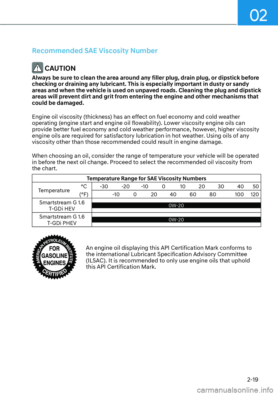 HYUNDAI SANTA FE HYBRID 2022 Manual PDF 02
2-19
Recommended SAE Viscosity Number
 CAUTION
Always be sure to clean the area around any filler plug, drain plug, or dipstick before  
checking or draining any lubricant. This is especially impor