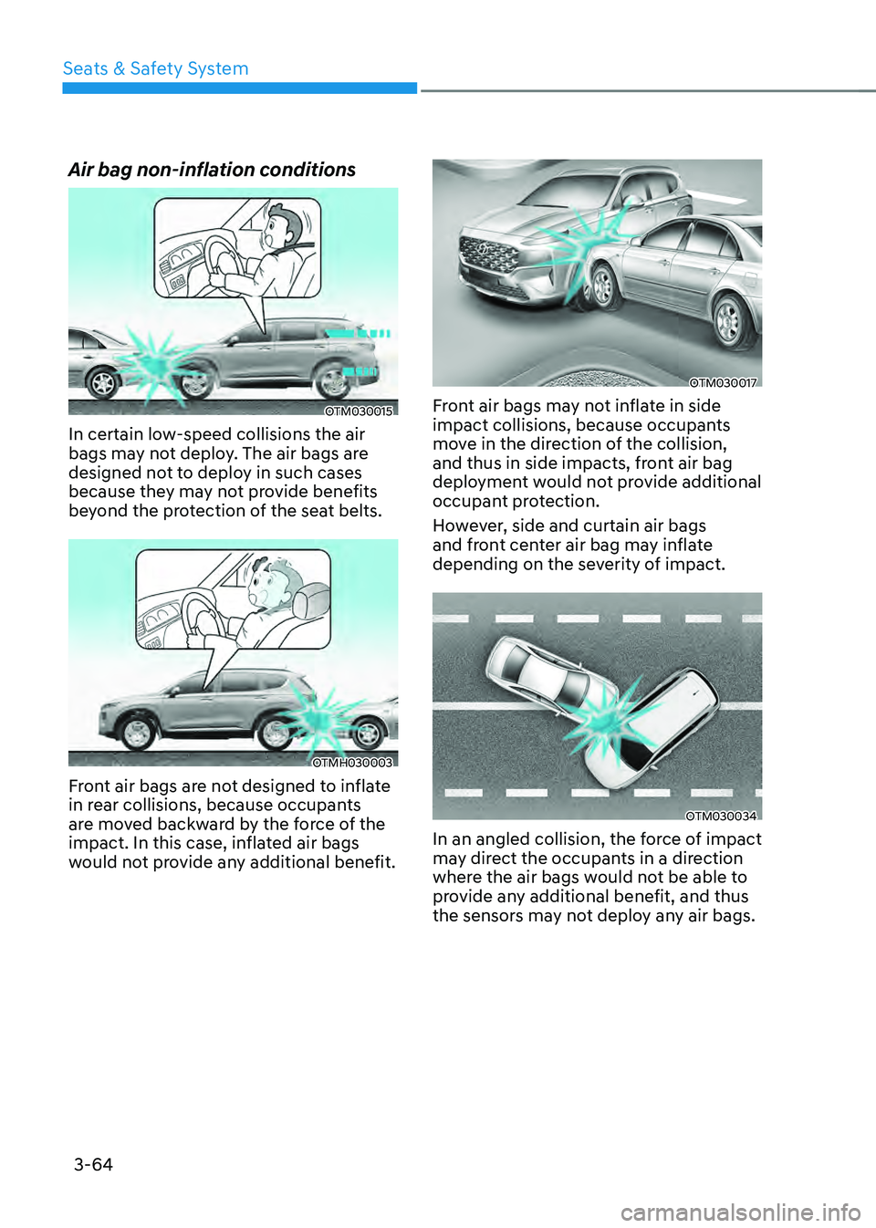 HYUNDAI SANTA FE HYBRID 2021 Owners Manual Seats & Safety System
3-64
Air bag non-inflation conditions
OTM030015
In certain low-speed collisions the air
bags may not deploy. The air bags are
designed not to deploy in such cases
because they HYUNDAI SANTA FE HYBRID 2021 Owners Manual Seats & Safety System
3-64
Air bag non-inflation conditions
OTM030015
In certain low-speed collisions the air
bags may not deploy. The air bags are
designed not to deploy in such cases
because they