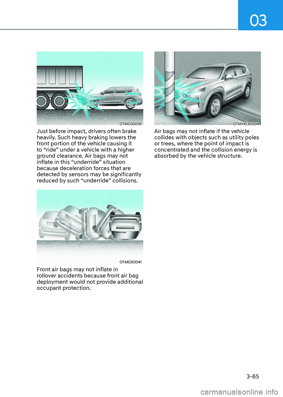 HYUNDAI SANTA FE HYBRID 2021 Owners Manual 03
3-65
OTM030018
Just before impact, drivers often brake
heavily. Such heavy braking lowers the
front portion of the vehicle causing it
to “ride” under a vehicle with a higher
ground clearanc HYUNDAI SANTA FE HYBRID 2021 Owners Manual 03
3-65
OTM030018
Just before impact, drivers often brake
heavily. Such heavy braking lowers the
front portion of the vehicle causing it
to “ride” under a vehicle with a higher
ground clearanc