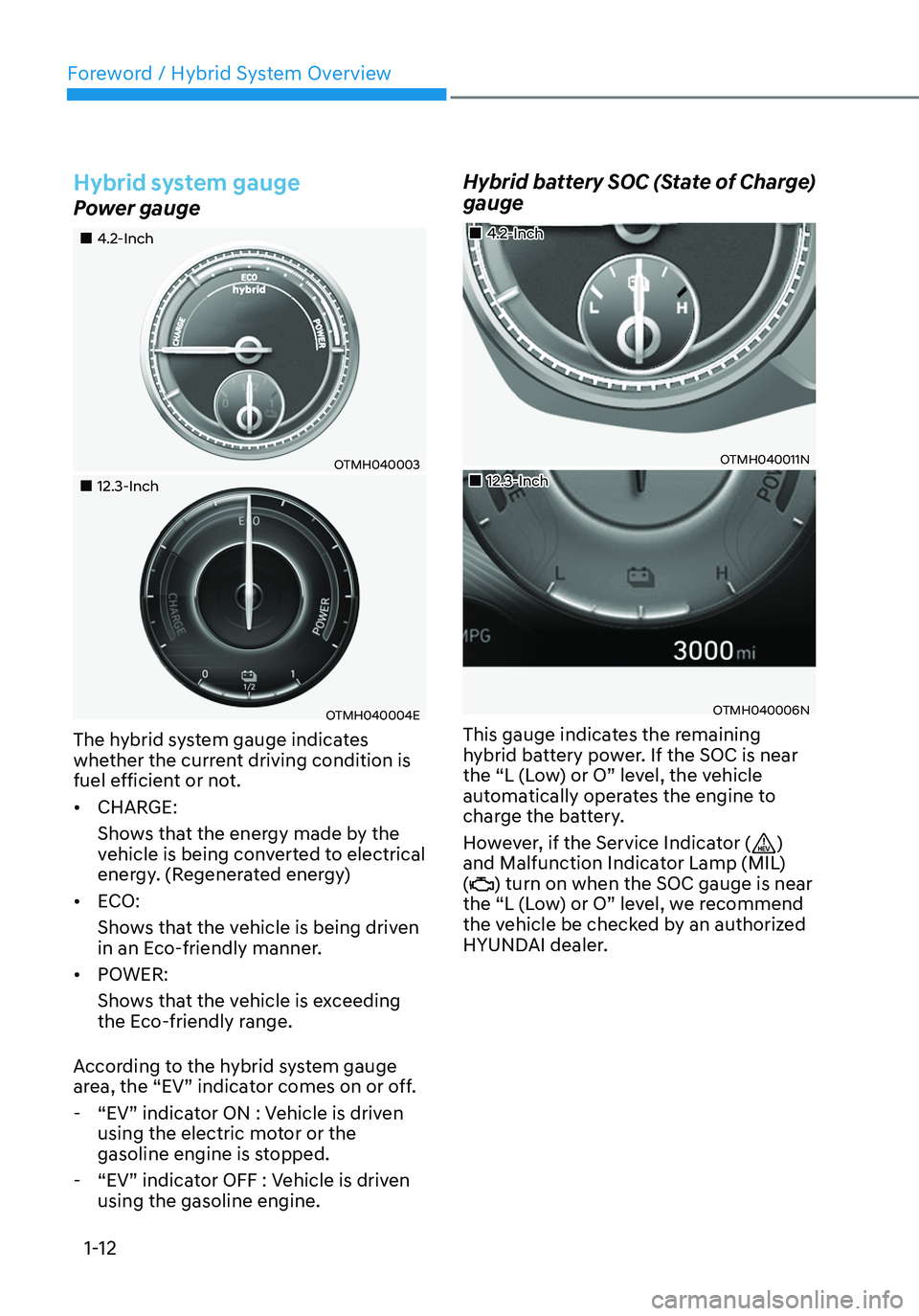 HYUNDAI SANTA FE HYBRID 2021 User Guide Foreword / Hybrid System Overview
1-12
Hybrid system gauge
Power gauge
4.2-Inch
OTMH040003
12.3-Inch
OTMH040004E
The hybrid system gauge indicates
whether the current driving HYUNDAI SANTA FE HYBRID 2021 User Guide Foreword / Hybrid System Overview
1-12
Hybrid system gauge
Power gauge
4.2-Inch
OTMH040003
12.3-Inch
OTMH040004E
The hybrid system gauge indicates
whether the current driving