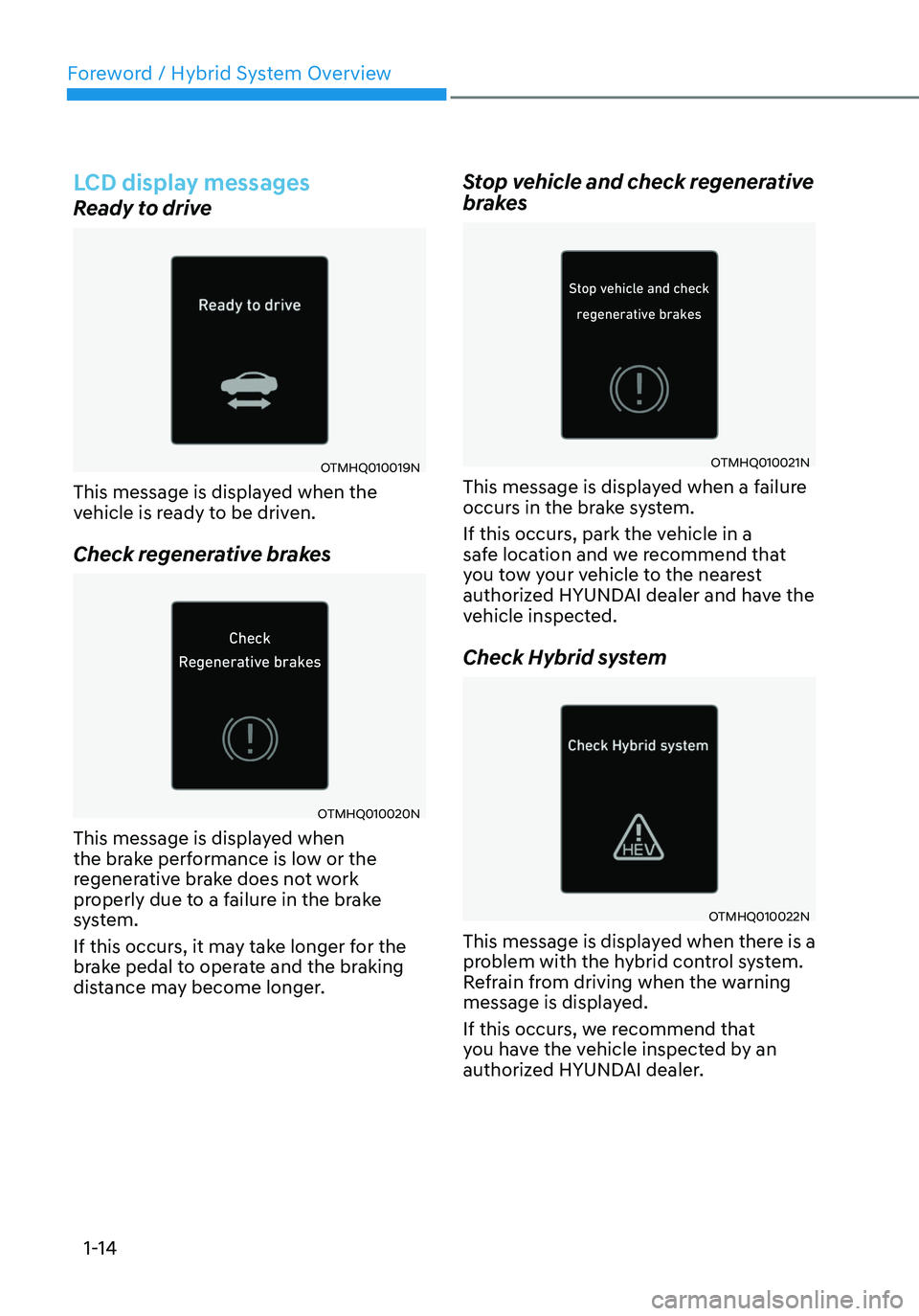 HYUNDAI SANTA FE HYBRID 2021  Owners Manual Foreword / Hybrid System Overview
1-14
LCD display messages
Ready to drive
OTMHQ010019N
This message is displayed when the 
vehicle is ready to be driven.
Check regenerative brakes
OTMHQ010020N
This m