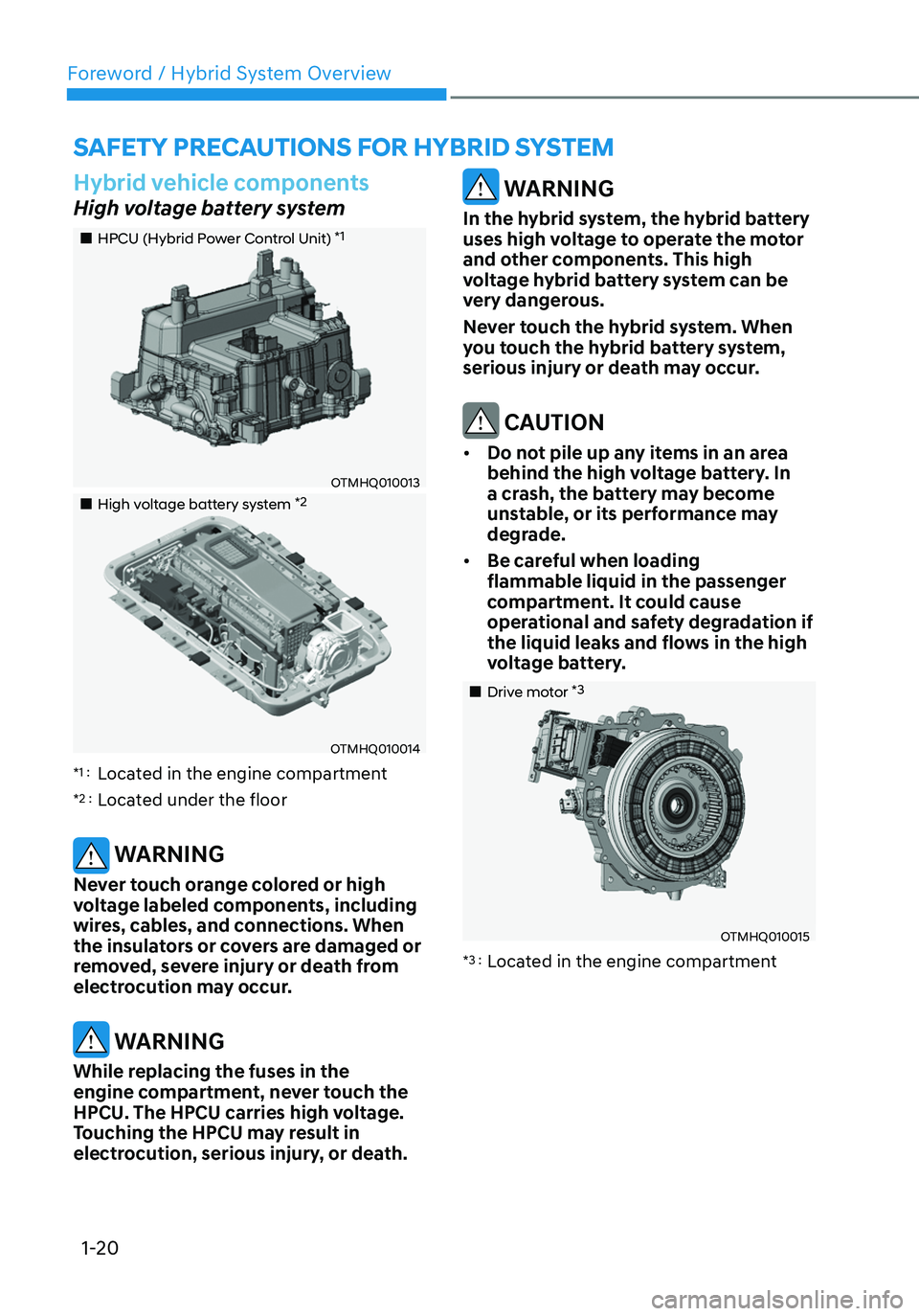 HYUNDAI SANTA FE HYBRID 2021  Owners Manual Foreword / Hybrid System Overview
1-20
SAFETY PRECAUTIONS FOR HYBRID SYSTEM
Hybrid vehicle components
High voltage battery system
„„HPCU (Hybrid Power Control Unit) *1
OTMHQ010013
„