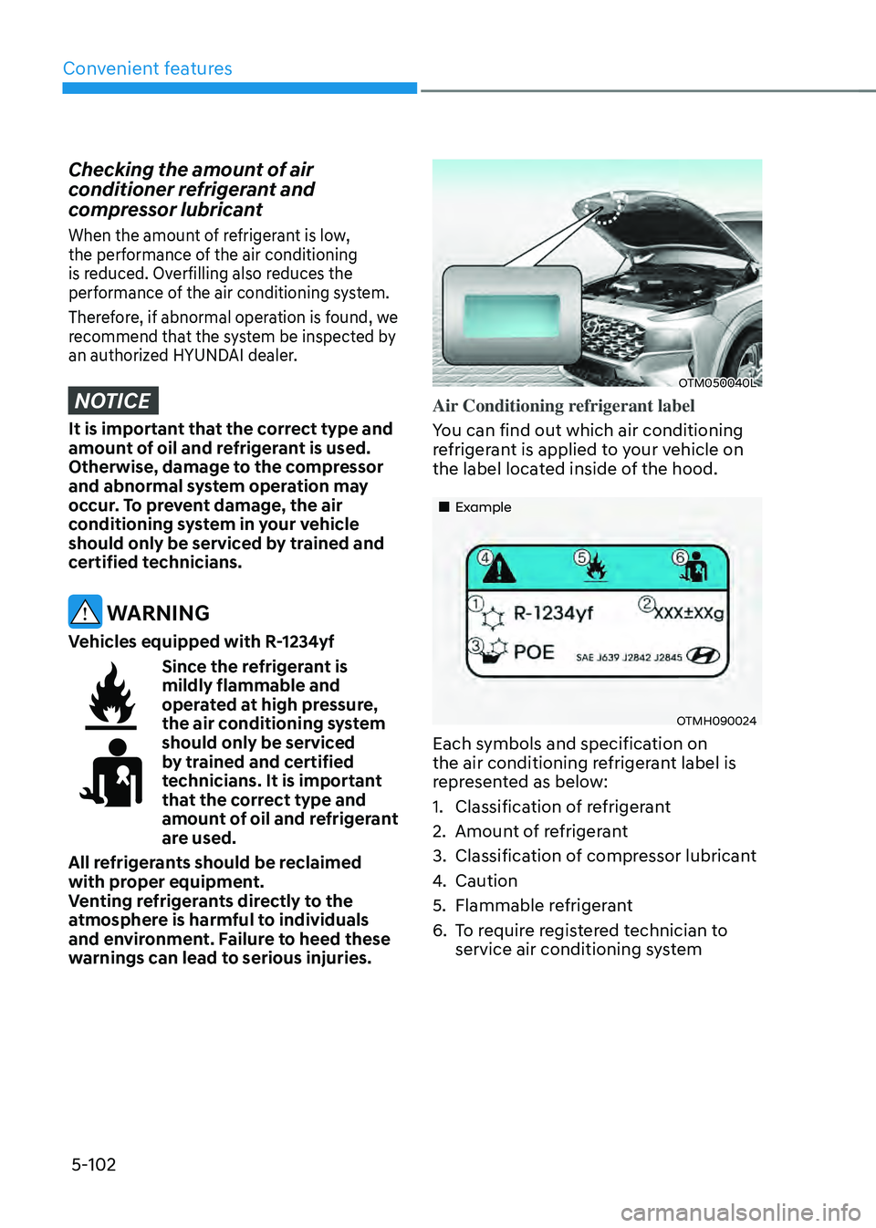 HYUNDAI SANTA FE HYBRID 2021  Owners Manual Convenient features
5-102
Checking the amount of air 
conditioner refrigerant and 
compressor lubricant
When the amount of refrigerant is low, 
the performance of the air conditioning 
is reduced. Ove