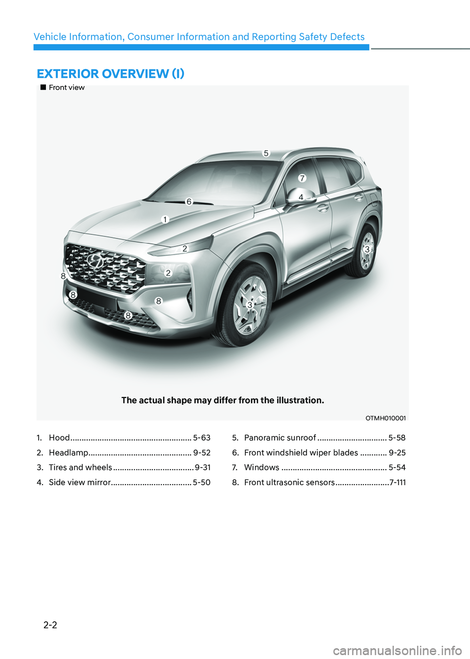HYUNDAI SANTA FE HYBRID 2021 Owners Manual 2-2
Vehicle Information, Consumer Information and Reporting Safety Defects
EXTERIOR OVERVIEW (I)
Front view
The actual shape may differ from the illustration.
OTMH010001
1. Hood .......... HYUNDAI SANTA FE HYBRID 2021 Owners Manual 2-2
Vehicle Information, Consumer Information and Reporting Safety Defects
EXTERIOR OVERVIEW (I)
Front view
The actual shape may differ from the illustration.
OTMH010001
1. Hood ..........