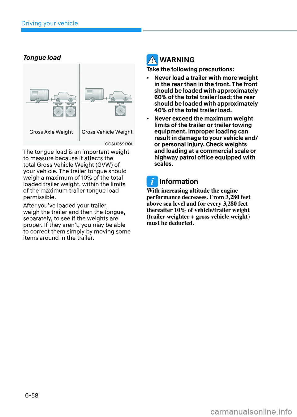 HYUNDAI SANTA FE HYBRID 2021 Owners Manual Driving your vehicle
6-58
Tongue load
Gross Axle WeightGross Vehicle Weight
OOSH069130L
The tongue load is an important weight
to measure because it affects the
total Gross Vehicle Weight (GVW) of
HYUNDAI SANTA FE HYBRID 2021 Owners Manual Driving your vehicle
6-58
Tongue load
Gross Axle WeightGross Vehicle Weight
OOSH069130L
The tongue load is an important weight
to measure because it affects the
total Gross Vehicle Weight (GVW) of