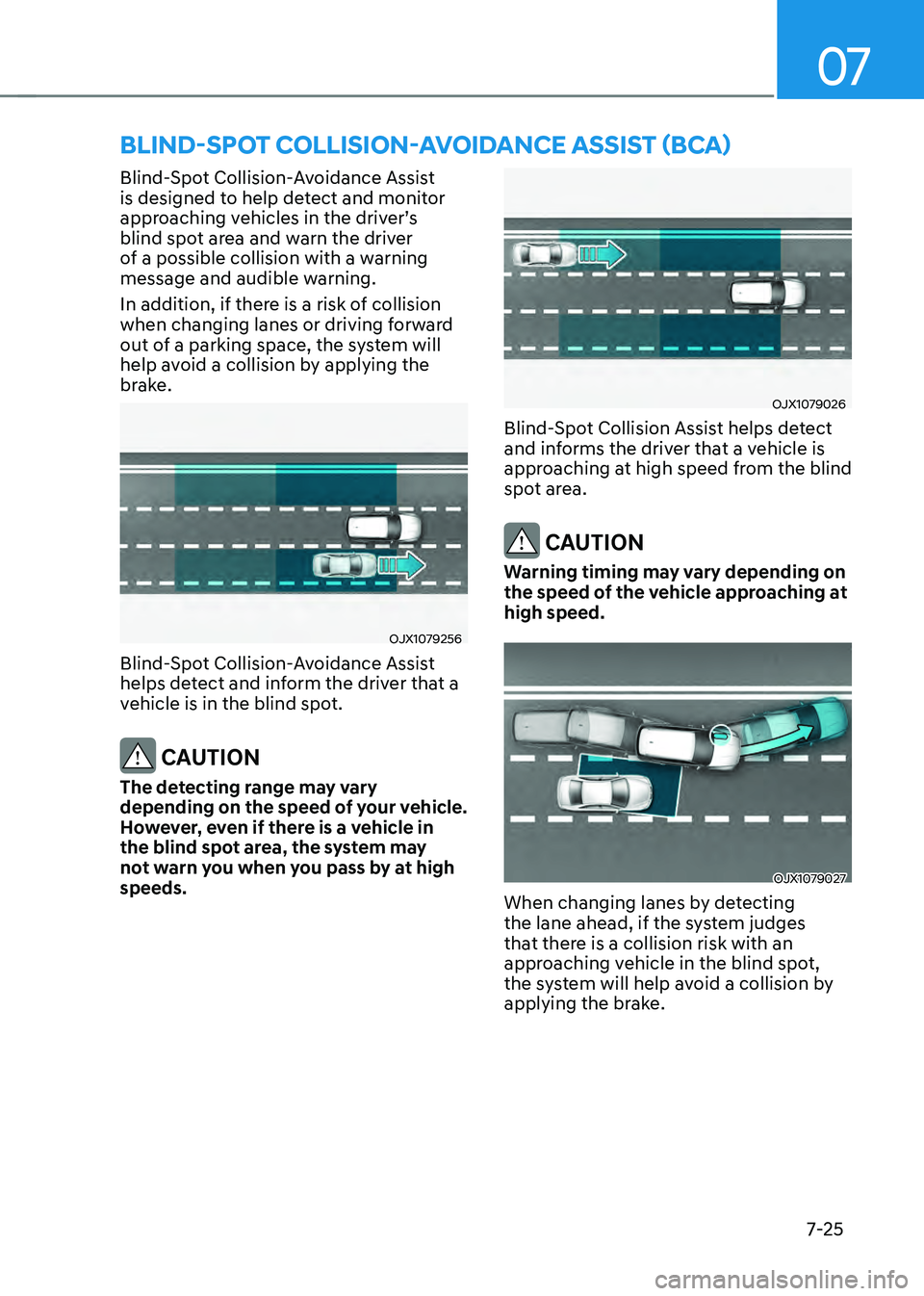 HYUNDAI SANTA FE HYBRID 2021 Owners Manual 07
7-25
BLIND-SPOT COLLISION-AVOIDANCE ASSIST (BCA)
Blind-Spot Collision-Avoidance Assist
is designed to help detect and monitor
approaching vehicles in the driver’s blind spot area and warn the HYUNDAI SANTA FE HYBRID 2021 Owners Manual 07
7-25
BLIND-SPOT COLLISION-AVOIDANCE ASSIST (BCA)
Blind-Spot Collision-Avoidance Assist
is designed to help detect and monitor
approaching vehicles in the driver’s blind spot area and warn the
