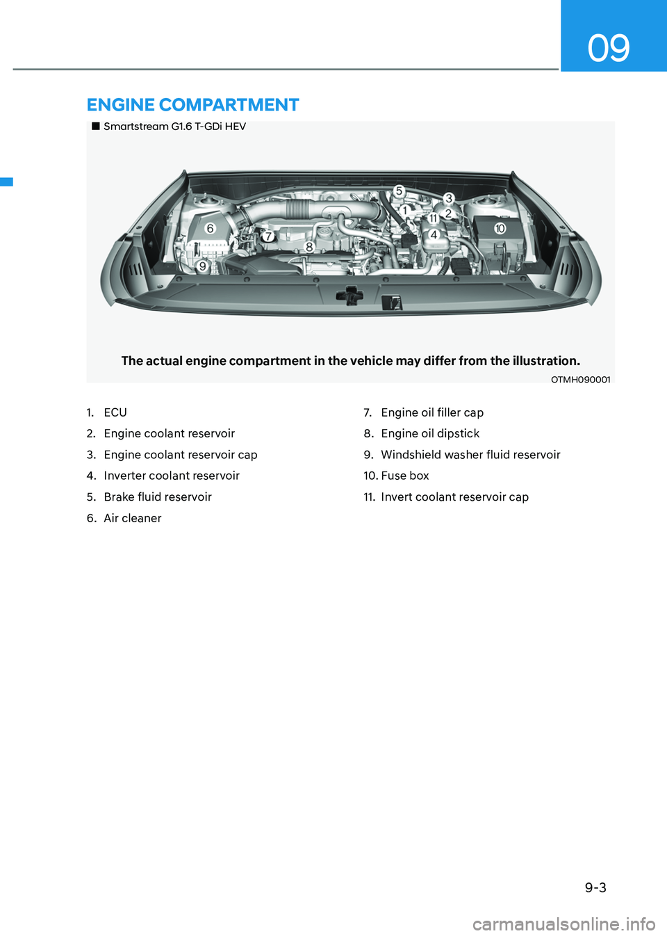HYUNDAI SANTA FE HYBRID 2021 Owners Manual 9-3
09
Smartstream G1.6 T-GDi HEV
The actual engine compartment in the vehicle may differ from the illustration.
OTMH090001
1. ECU
2. Engine coolant reservoir
3. Engine coolant reservoir c HYUNDAI SANTA FE HYBRID 2021 Owners Manual 9-3
09
Smartstream G1.6 T-GDi HEV
The actual engine compartment in the vehicle may differ from the illustration.
OTMH090001
1. ECU
2. Engine coolant reservoir
3. Engine coolant reservoir c