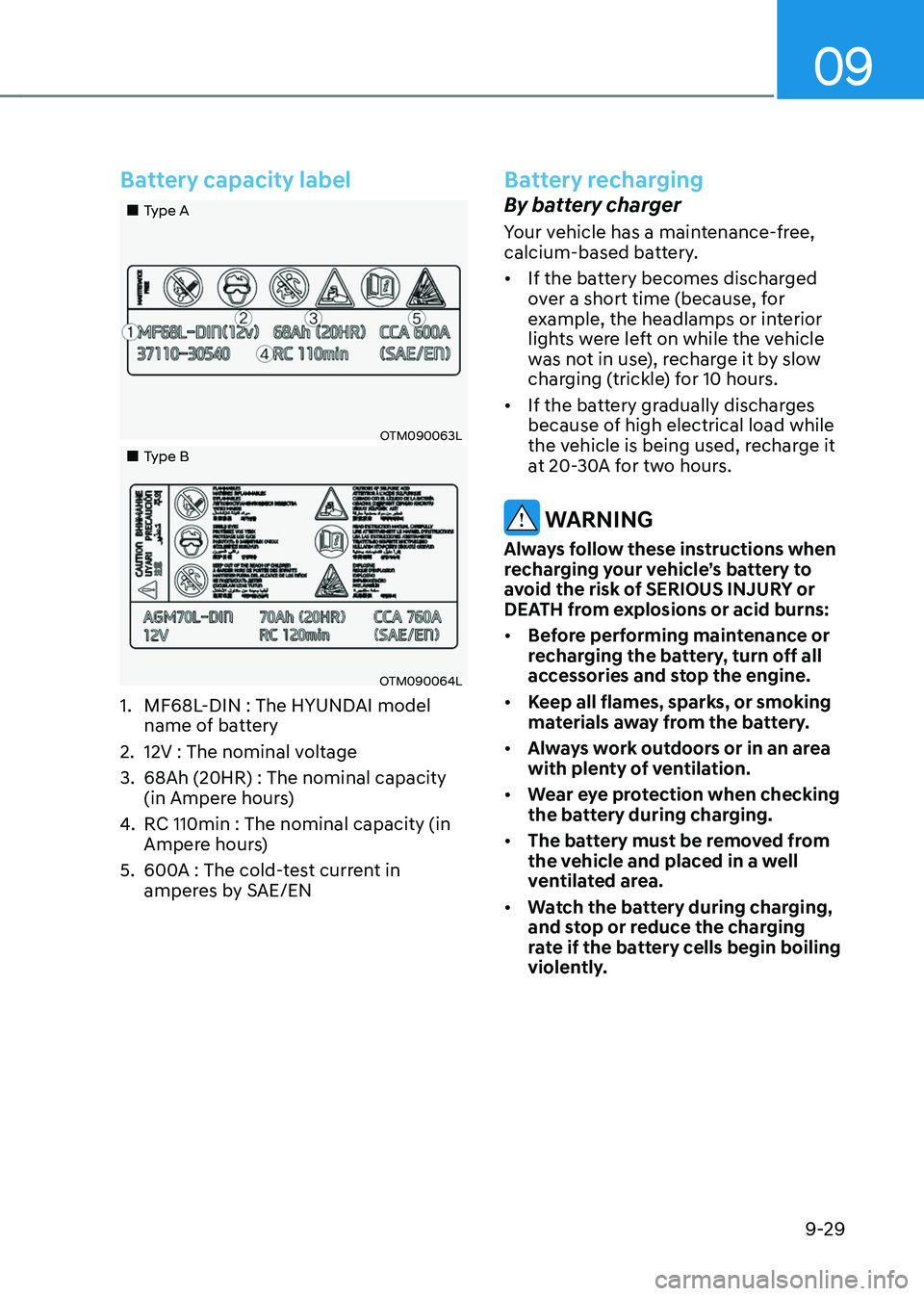 HYUNDAI SANTA FE HYBRID 2021  Owners Manual 09
9-29
Battery capacity label
„„Type A
OTM090063L
„„Type B
OTM090064L
1. MF68L-DIN : The HYUNDAI model 
name of battery
2. 12V : The nominal voltage
3. 68Ah (20HR) : The nominal c