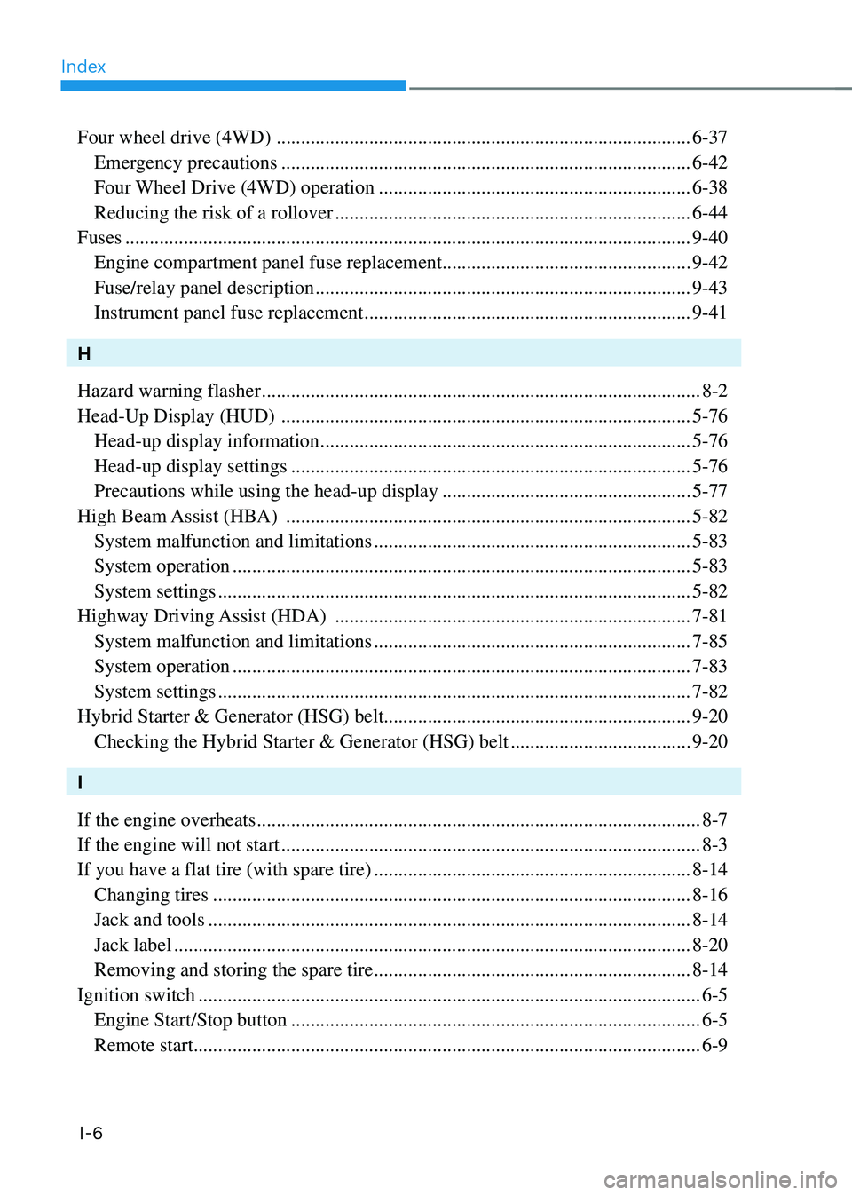 HYUNDAI SANTA FE HYBRID 2021  Owners Manual Index
I-6
Four wheel drive (4WD)  ........................................................................\
.............6-37
 Emergency precautions ...................................................