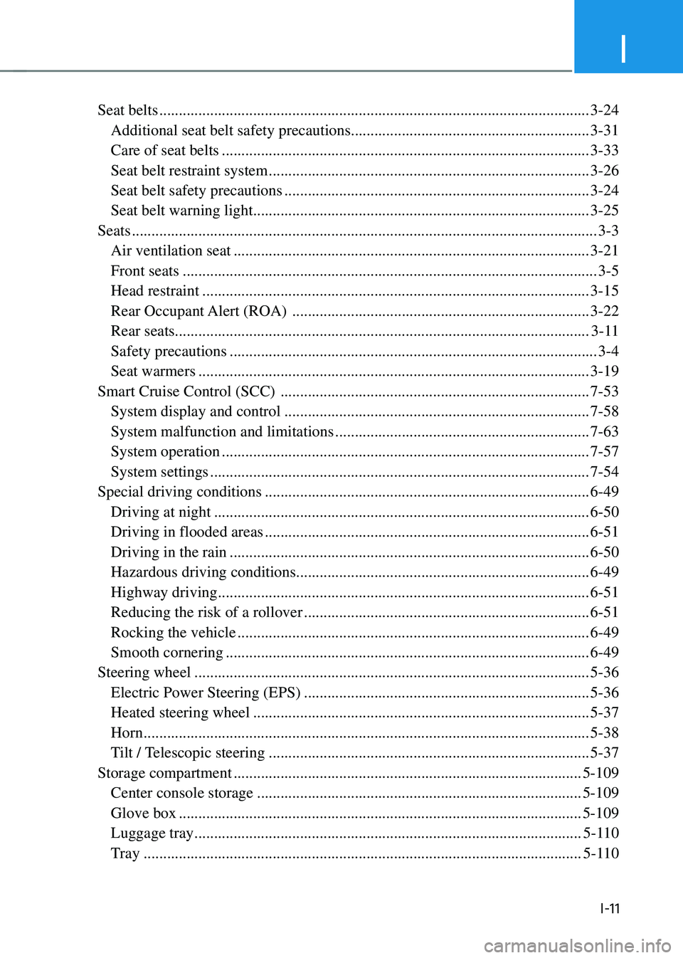 HYUNDAI SANTA FE HYBRID 2021  Owners Manual I
I-11
Seat belts ........................................................................\
......................................3-24
 Additional seat belt safety precautions ........................