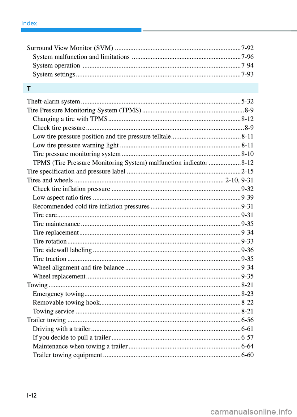 HYUNDAI SANTA FE HYBRID 2021  Owners Manual Index
I-12
Surround View Monitor (SVM)  ........................................................................\
..7-92
 System malfunction and limitations  ..........................................