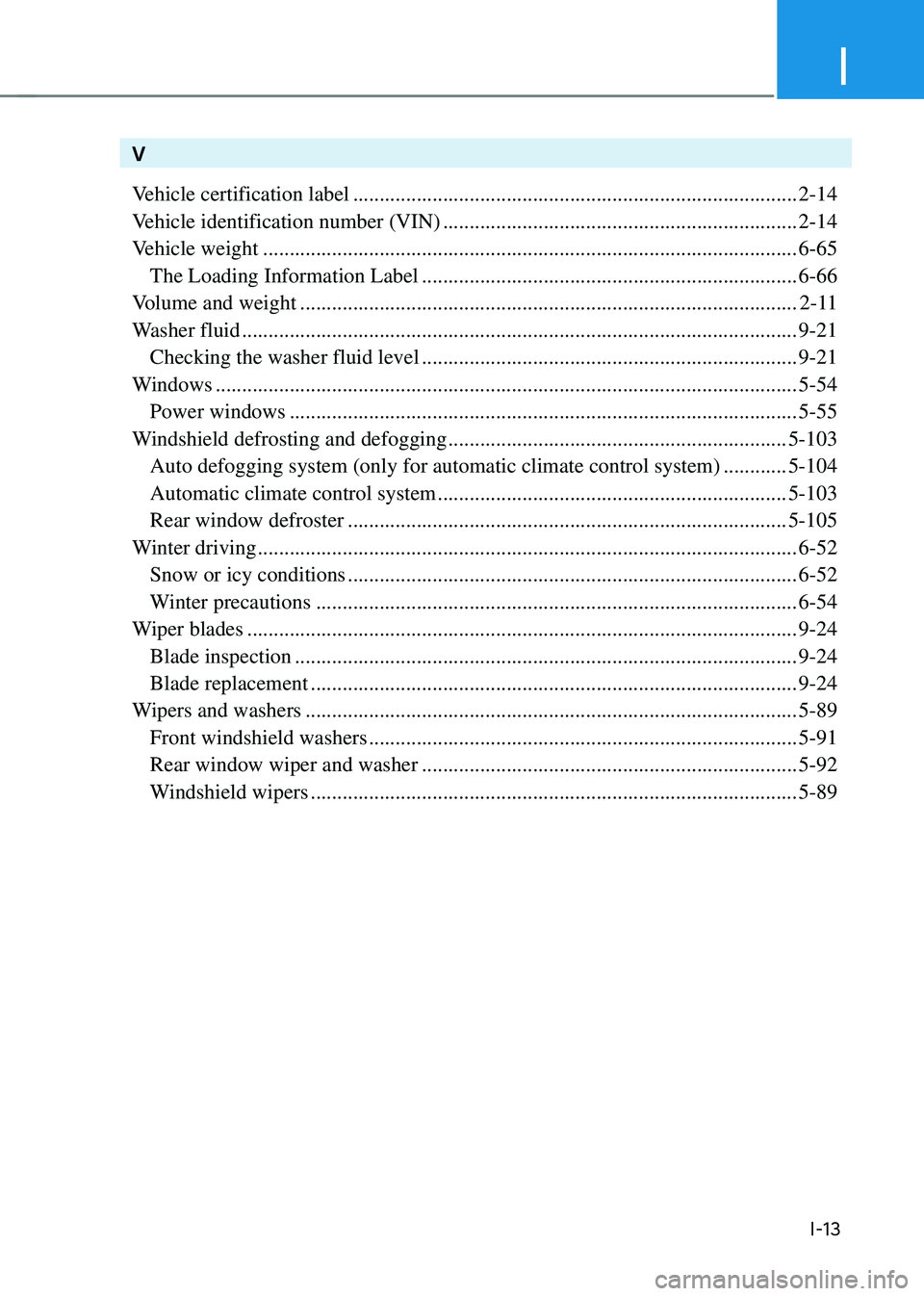HYUNDAI SANTA FE HYBRID 2021  Owners Manual I
I-13
V
Vehicle certification label
 ........................................................................\
............2-14
Vehicle identification number (VIN)
 ..................................