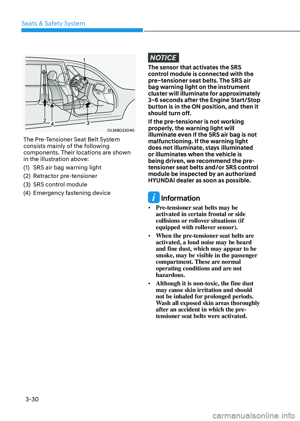 HYUNDAI SANTA FE HYBRID 2021  Owners Manual Seats & Safety System
3-30
OLMB033040
The Pre-Tensioner Seat Belt System consists mainly of the following 
components. Their locations are shown 
in the illustration above:
(1) SRS air bag warning lig