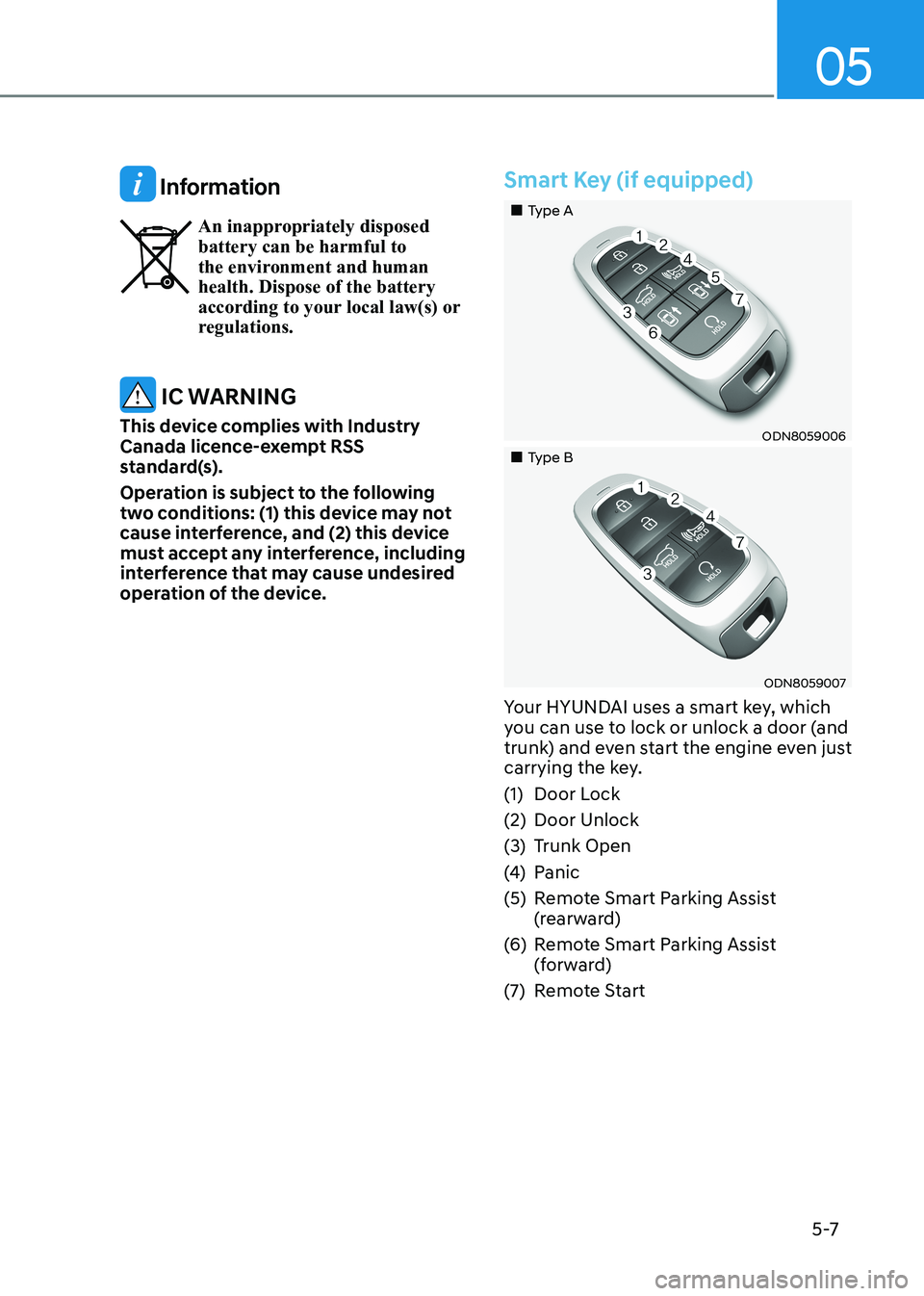 HYUNDAI SONATA 2023 Owners Manual 05
5 -7
Information
An inappropriately disposed battery can be harmful to
the environment and human health. Dispose of the battery
according to your local law(s) or
regulations.
IC WARNING
This HYUNDAI SONATA 2023 Owners Manual 05
5 -7
Information
An inappropriately disposed battery can be harmful to
the environment and human health. Dispose of the battery
according to your local law(s) or
regulations.
IC WARNING
This