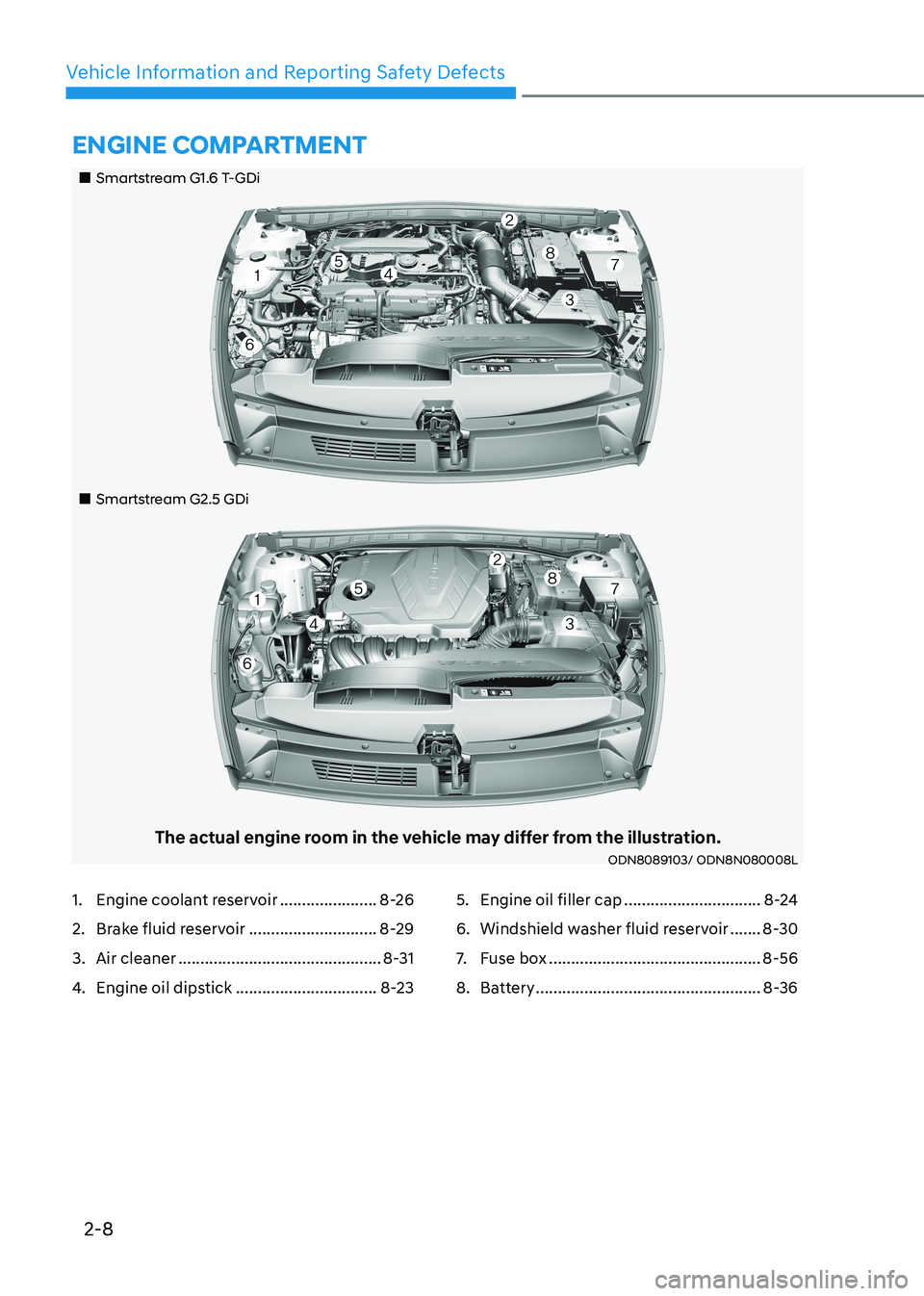 HYUNDAI SONATA 2023 User Guide 2-8
Vehicle Information and Reporting Safety Defects
Smartstream G1.6 T-GDi
Smartstream G2.5 GDi
The actual engine room in the vehicle may differ from the illustration.ODN80891 HYUNDAI SONATA 2023 User Guide 2-8
Vehicle Information and Reporting Safety Defects
Smartstream G1.6 T-GDi
Smartstream G2.5 GDi
The actual engine room in the vehicle may differ from the illustration.ODN80891