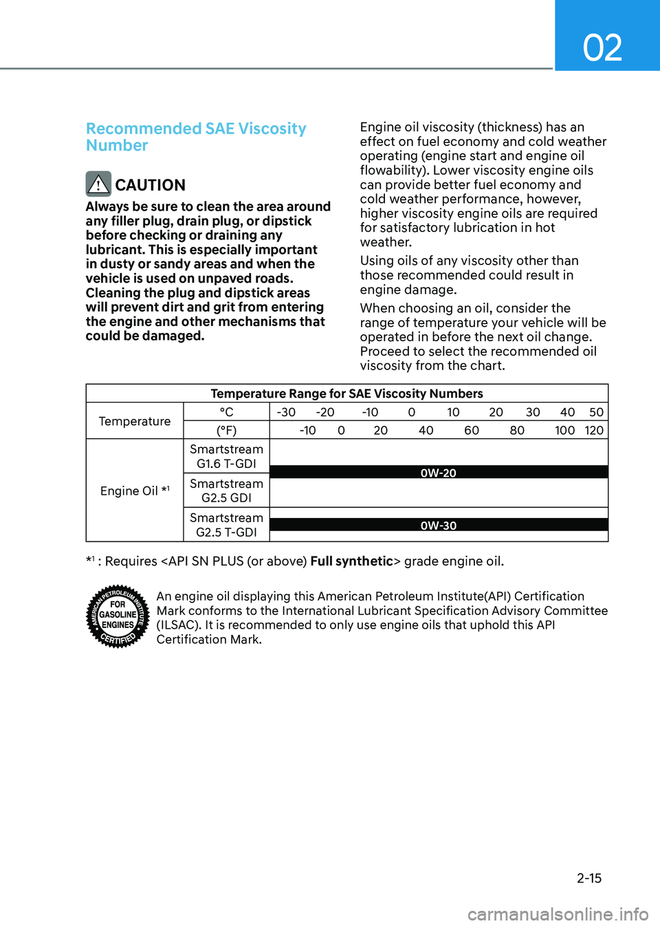 HYUNDAI SONATA 2023 Owners Manual 02
2-15
Recommended SAE Viscosity Number
CAUTION
Always be sure to clean the area around
any filler plug, drain plug, or dipstick
before checking or draining any
lubricant. This is especially im HYUNDAI SONATA 2023 Owners Manual 02
2-15
Recommended SAE Viscosity Number
CAUTION
Always be sure to clean the area around
any filler plug, drain plug, or dipstick
before checking or draining any
lubricant. This is especially im