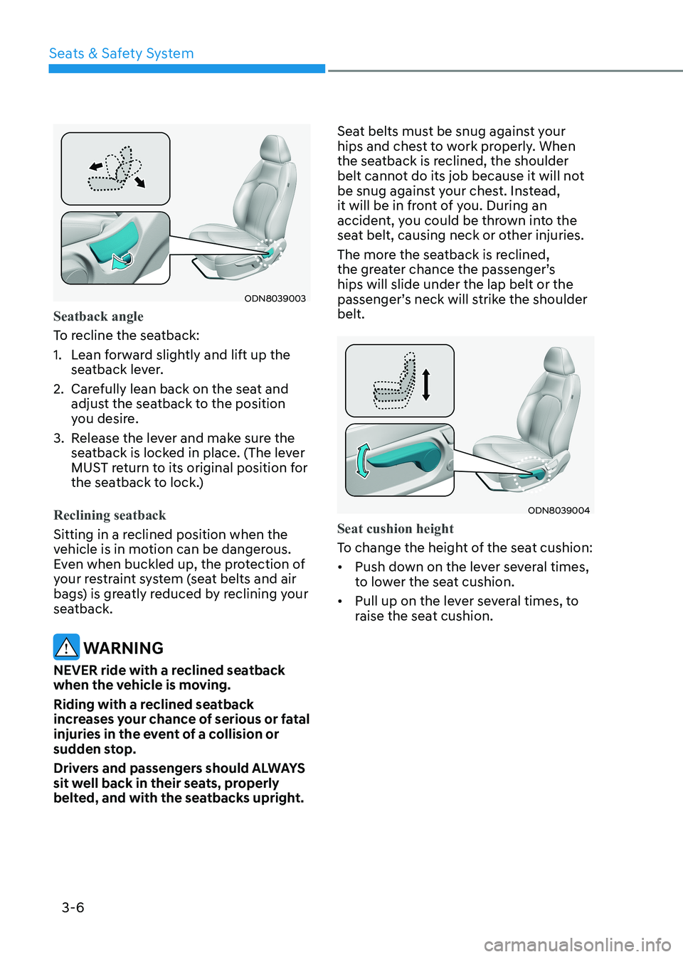 HYUNDAI SONATA 2023 Owners Guide Seats & Safety System
3-6
ODN8039003
Seatback angle
To recline the seatback:
1. Lean forward slightly and lift up the seatback lever.
2. Carefully lean back on the seat and adjust the seatback to HYUNDAI SONATA 2023 Owners Guide Seats & Safety System
3-6
ODN8039003
Seatback angle
To recline the seatback:
1. Lean forward slightly and lift up the seatback lever.
2. Carefully lean back on the seat and adjust the seatback to